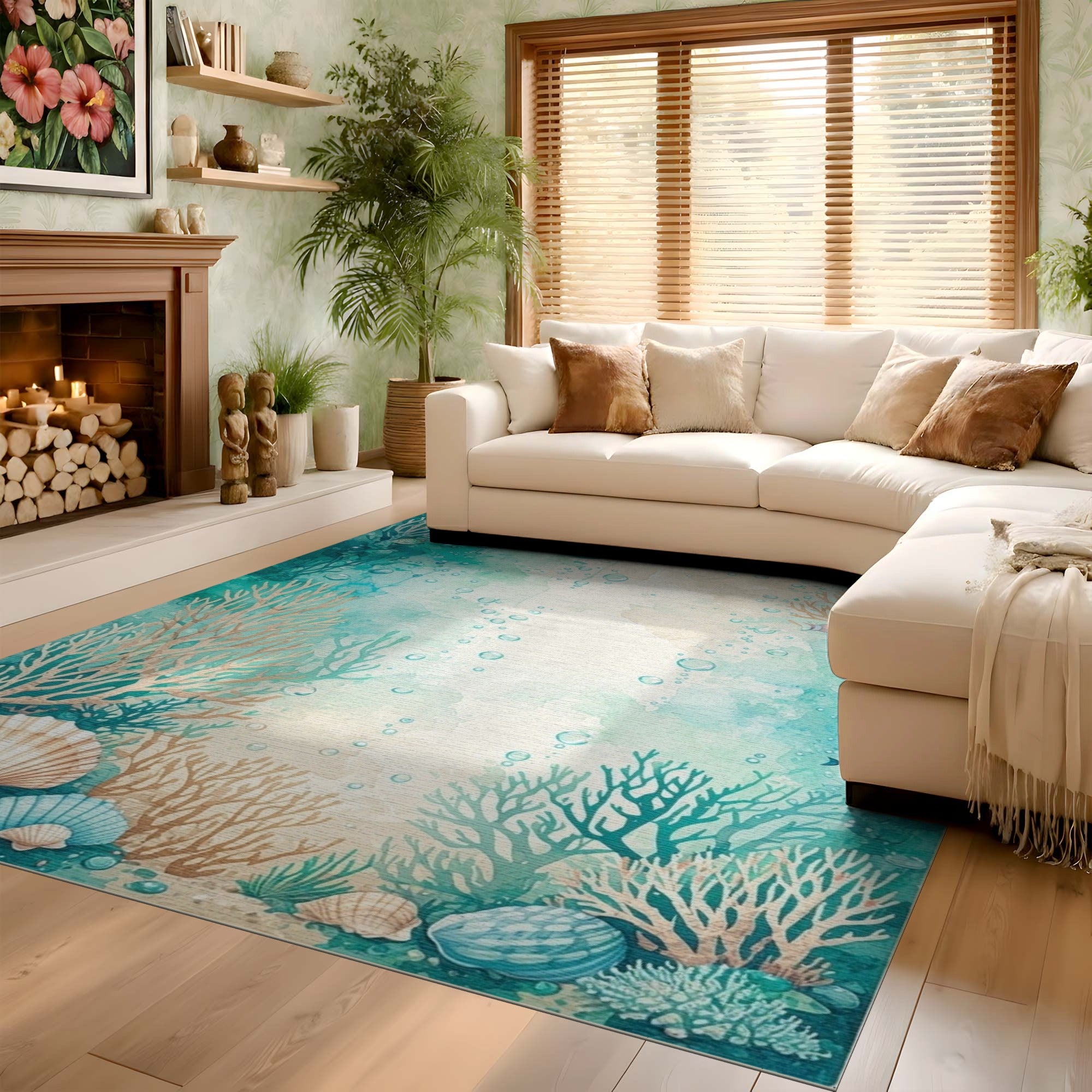 ODIKA Watercolor Ocean Life Washable Area Rug - Teal & Beige Under the Sea Low Pile Non-Slip Carpet