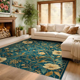 ODIKA Washable Teal and Gold Floral Area Rug - Vintage Low Pile Non-Slip Carpet