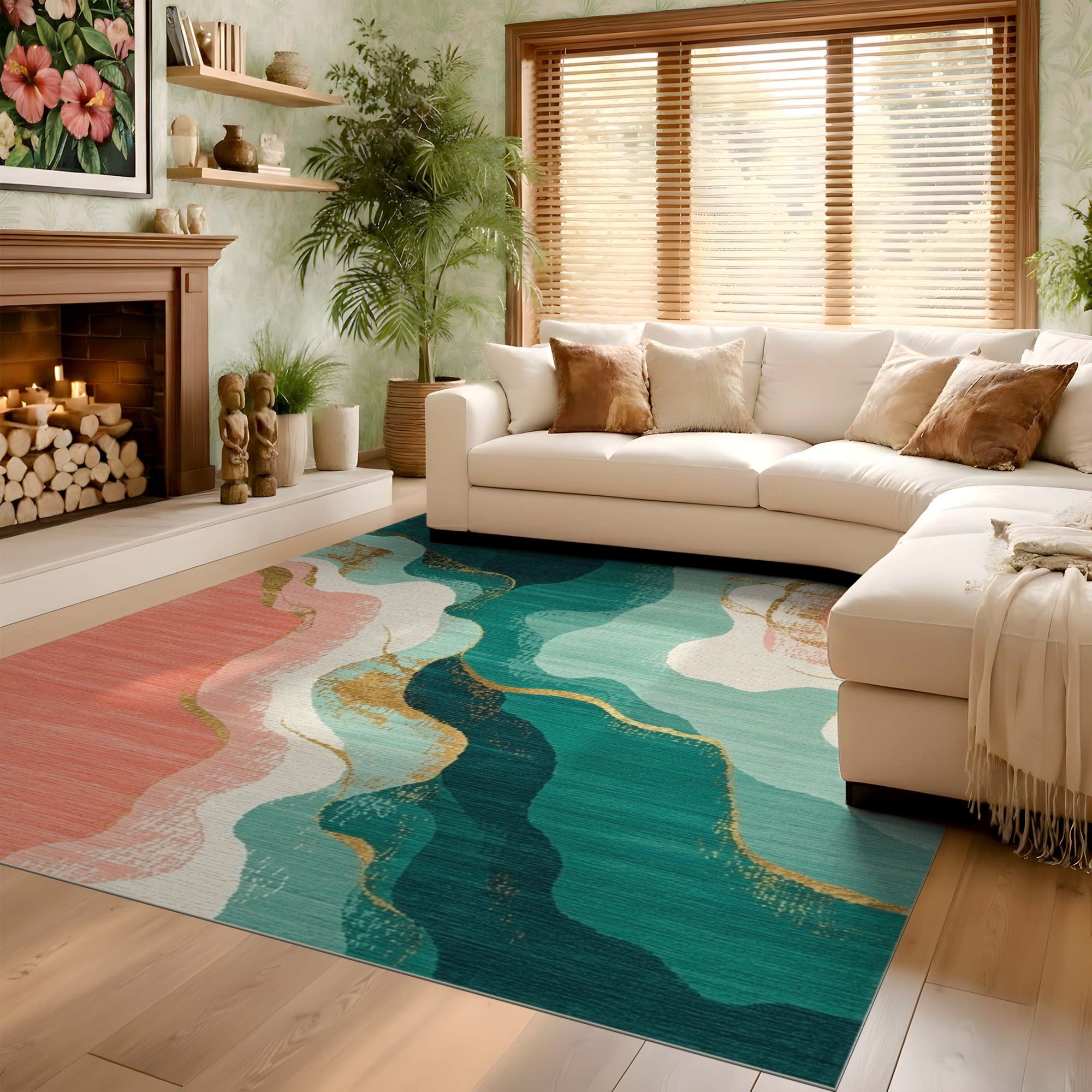 ODIKA Abstract Teal & Coral Washable Area Rug - Low Pile Non-Slip & Pet Friendly