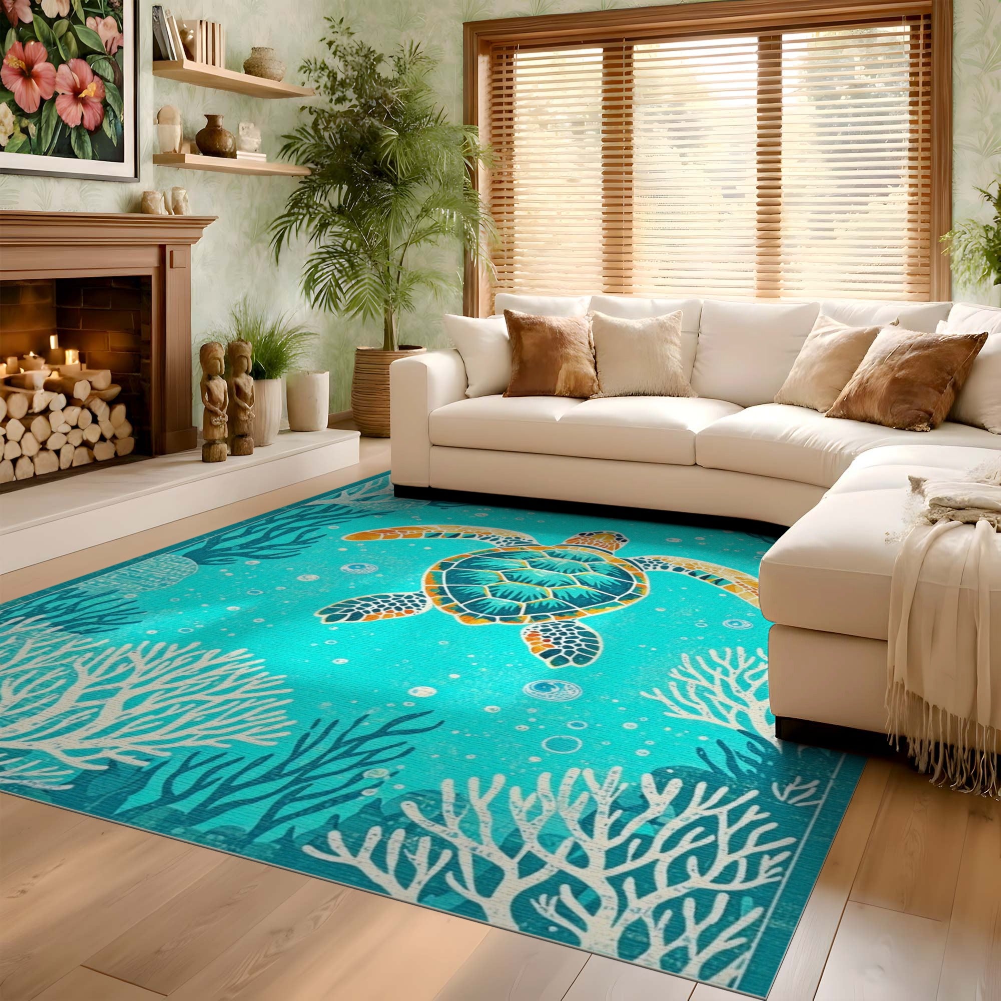 ODIKA Sea Turtle Coastal Washable Rug - Teal Ocean Coral Low Pile Area Rug
