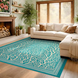ODIKA Teal & White Coral Pattern Washable Area Rug - Low Pile Non-Slip Rug