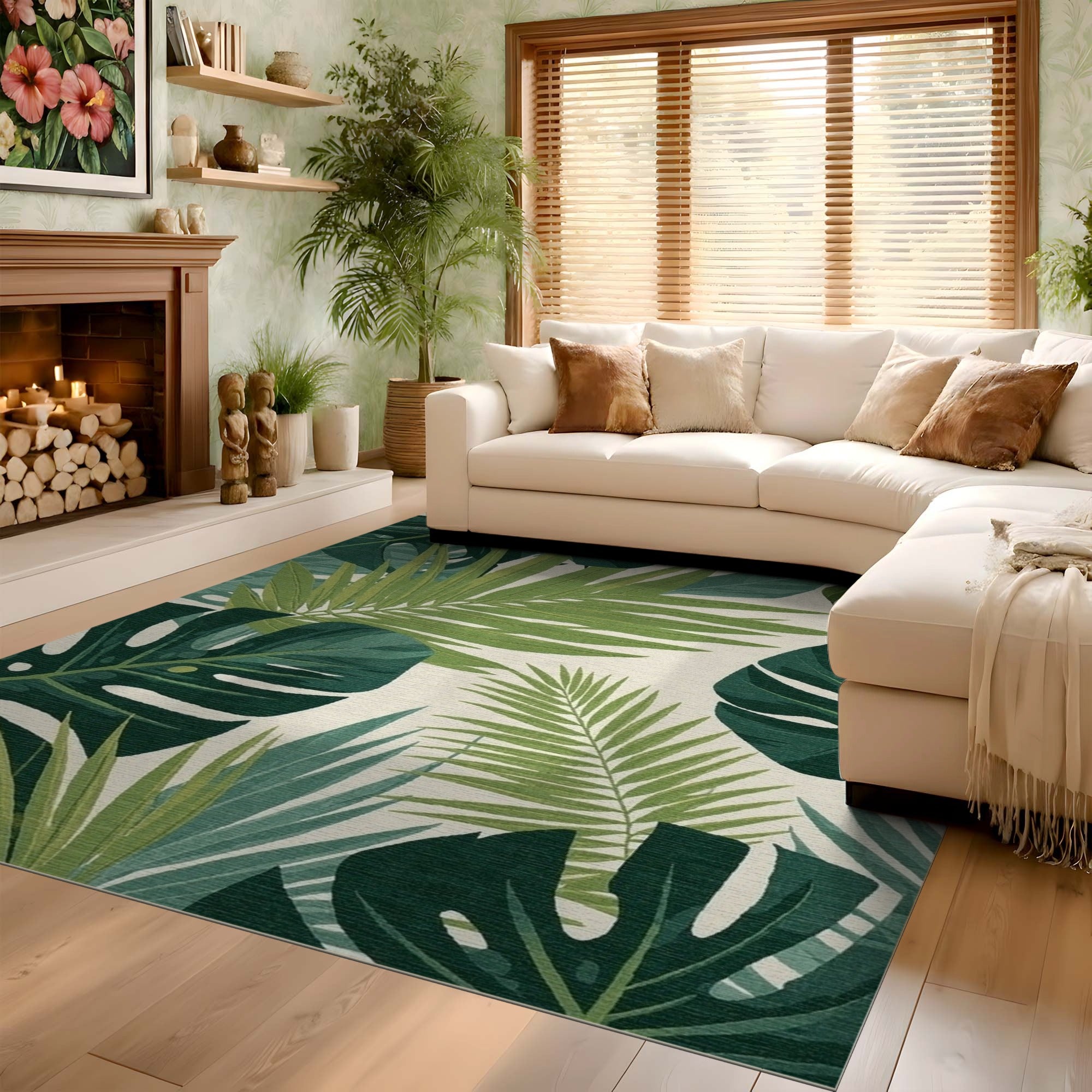 ODIKA Washable Tropical Green Monstera Leaf Area Rug - Low Pile Non-Slip & Pet Friendly