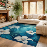 ODIKA Tropical Teal Palm & White Lily Washable Low Pile Area Rug