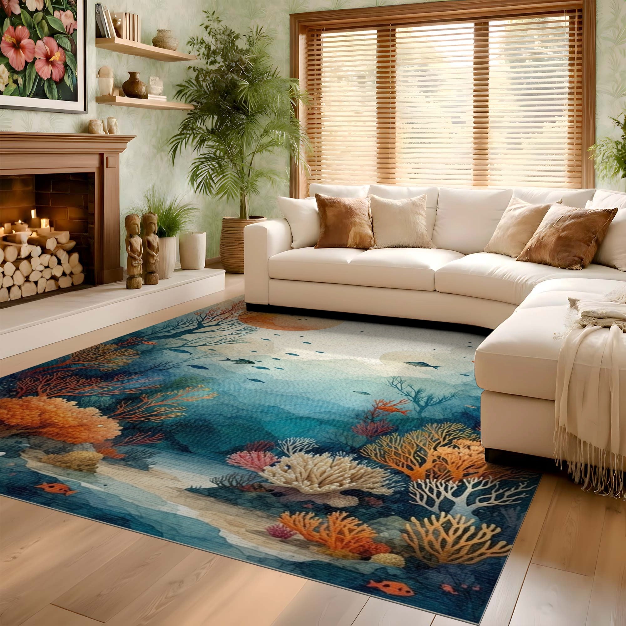 ODIKA Washable Watercolor Underwater Coral Reef Low Pile Area Rug