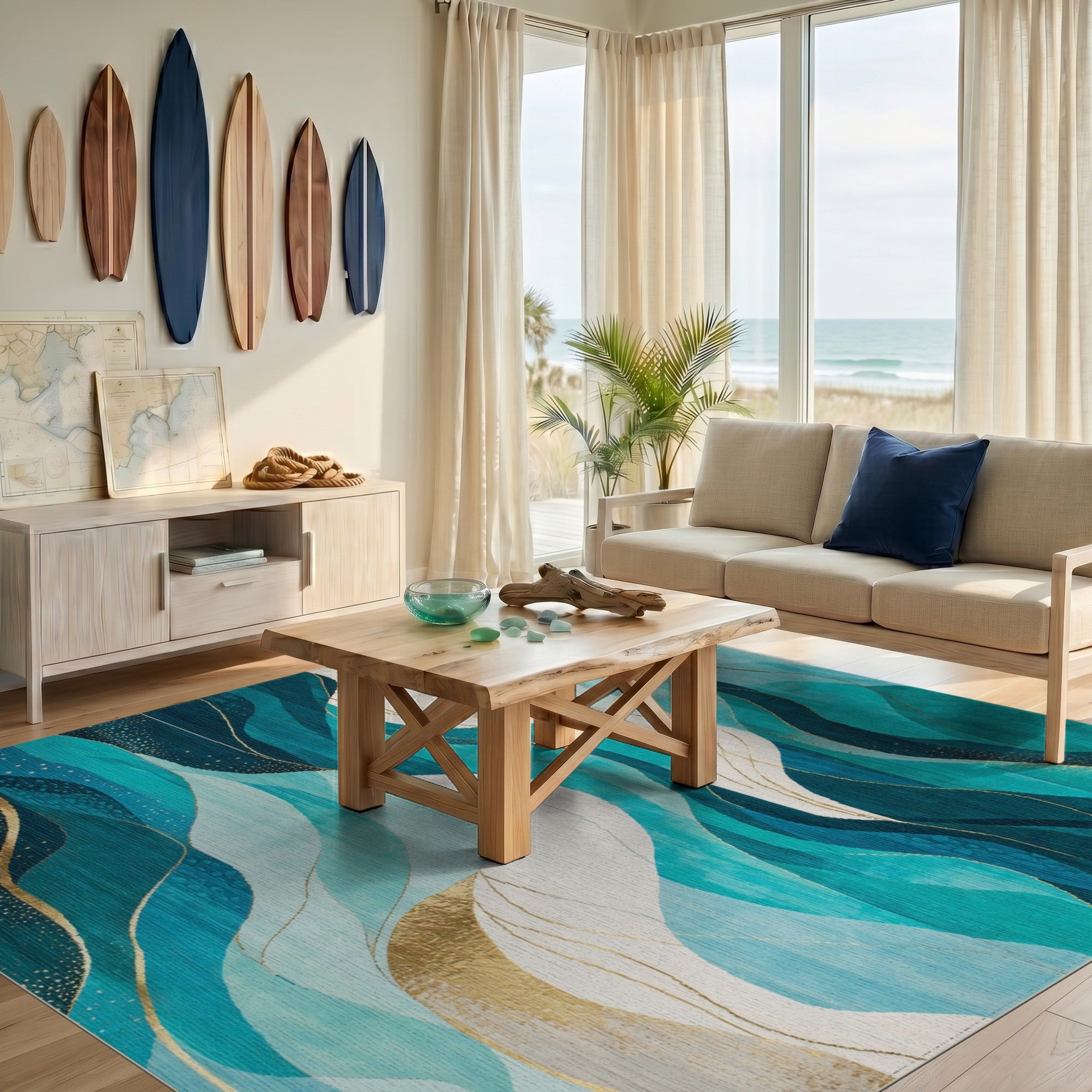 Washable Modern Abstract Teal & Gold Wave Area Rug - Low Pile, Non-Slip