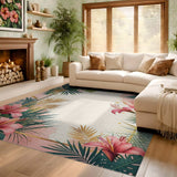 ODIKA Washable Tropical Floral Area Rug - Pink and Green Low Pile Palm Leaf Design