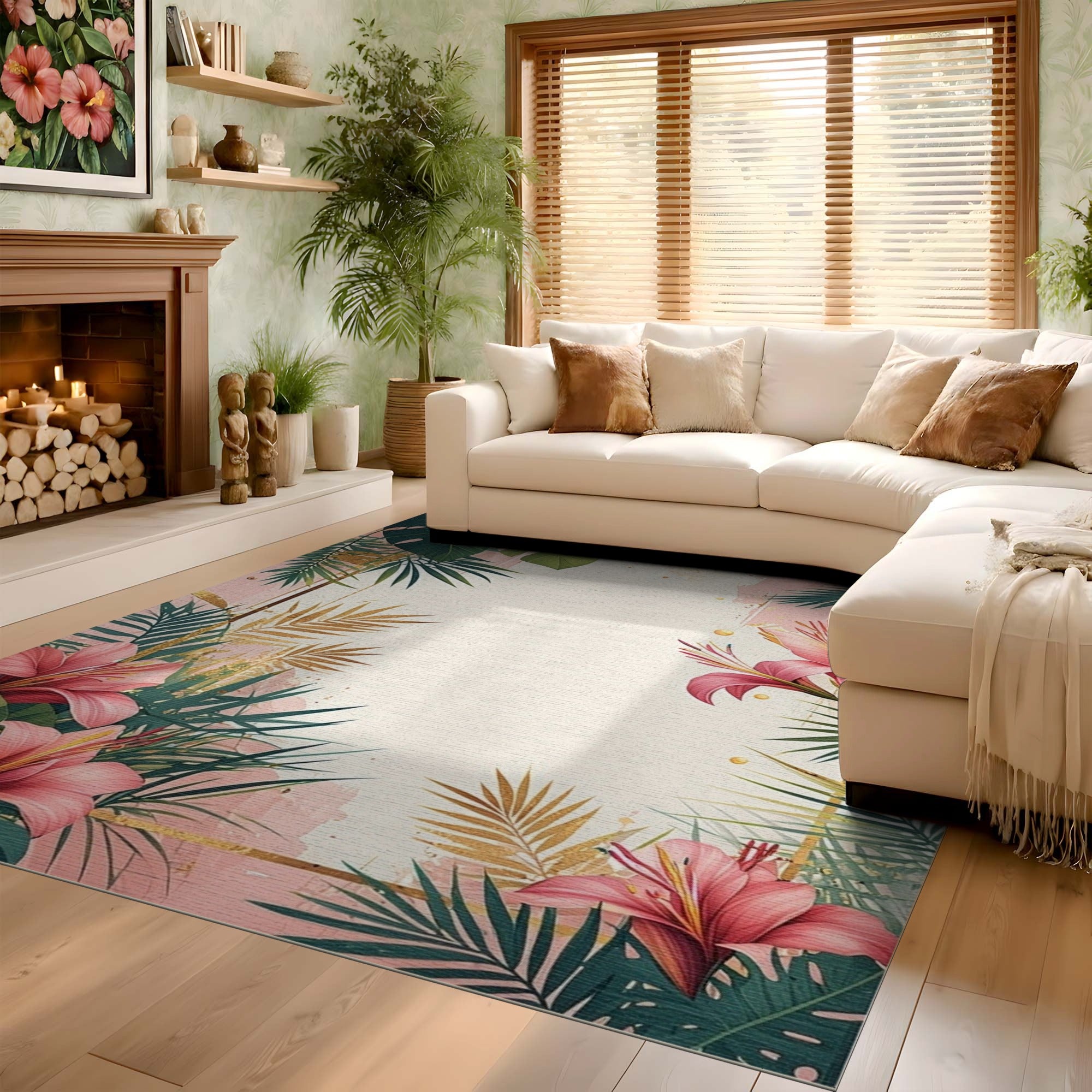 ODIKA Washable Tropical Floral Area Rug - Pink and Green Low Pile Palm Leaf Design
