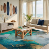 Teal Gold Fluid Abstract Area Rug