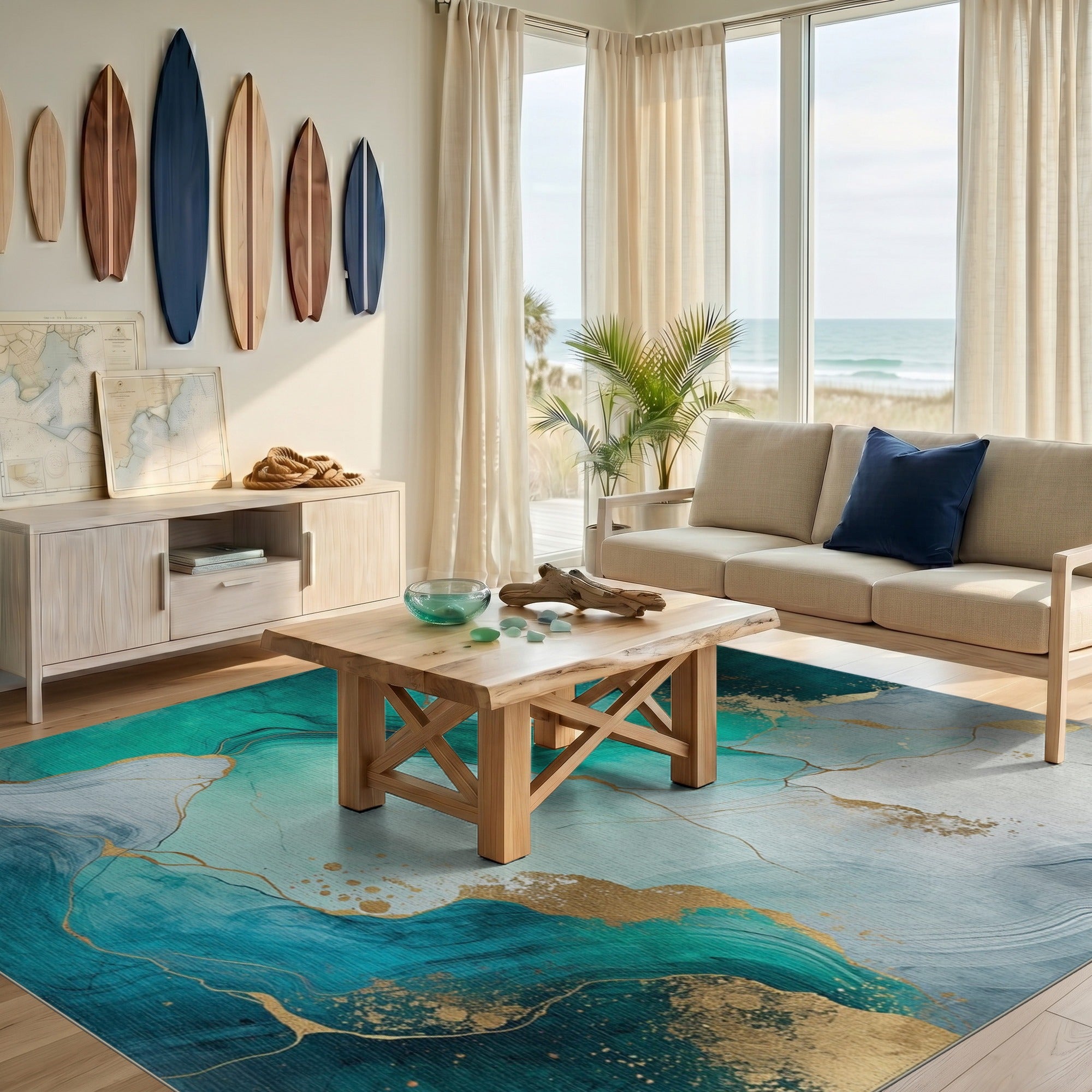Teal Gold Fluid Abstract Area Rug