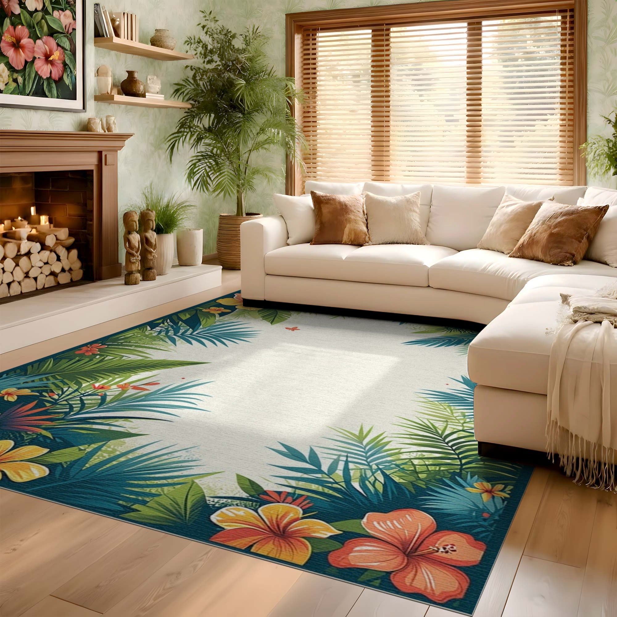 ODIKA Tropical Hibiscus & Palm Leaf Washable Area Rug - Non-Slip Low Pile Botanical Rug