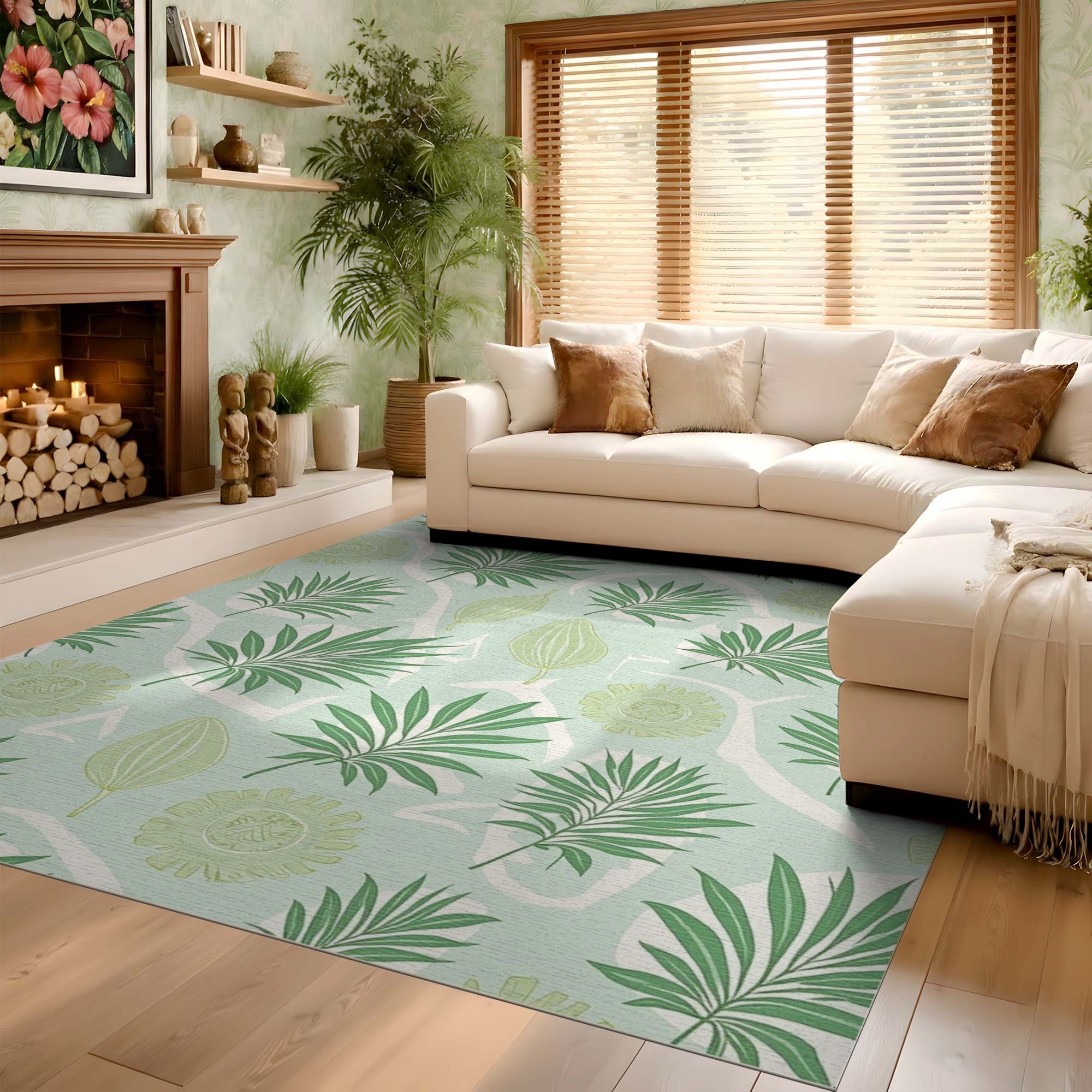 ODIKA Sage Green Washable Tropical Palm Leaf Rug - Low Pile Non-Slip Area Rug