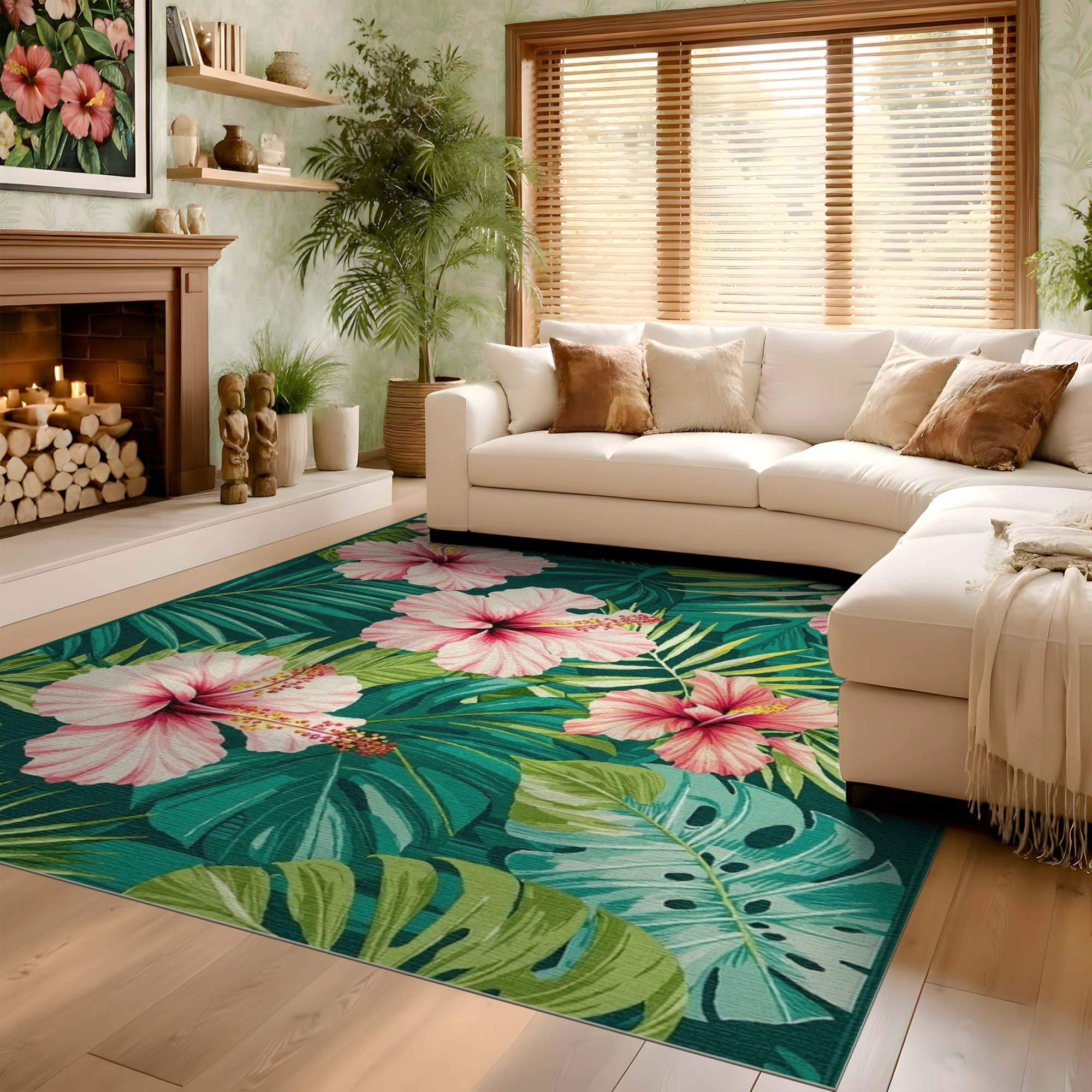 ODIKA Tropical Hibiscus Pink Floral Washable Area Rug, Low Pile Non-Slip Jungle Leaf Carpet for Living Room