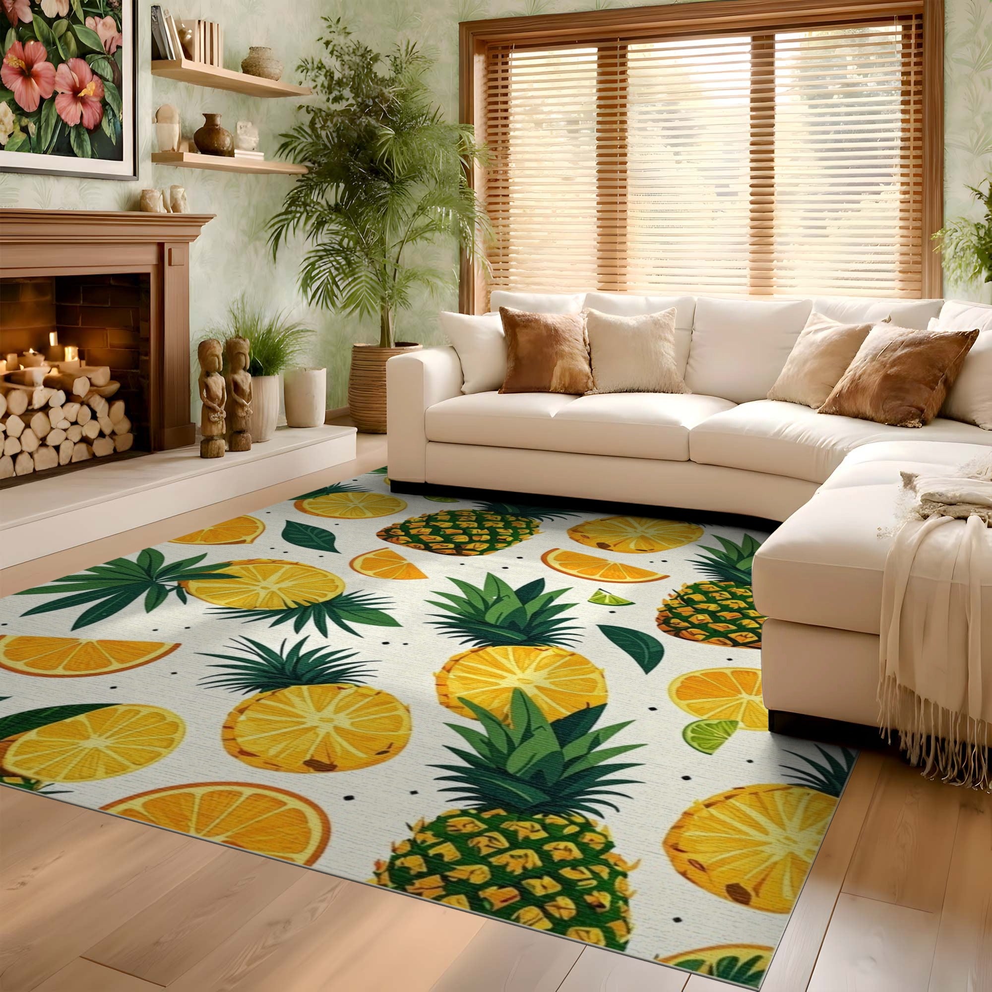 Tropical Pineapple & Citrus Washable Area Rug - Low Pile, Non-Slip & Pet Friendly