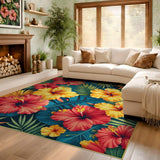 ODIKA Tropical Hibiscus Washable Area Rug - Non-Slip Low Pile Floral Decor