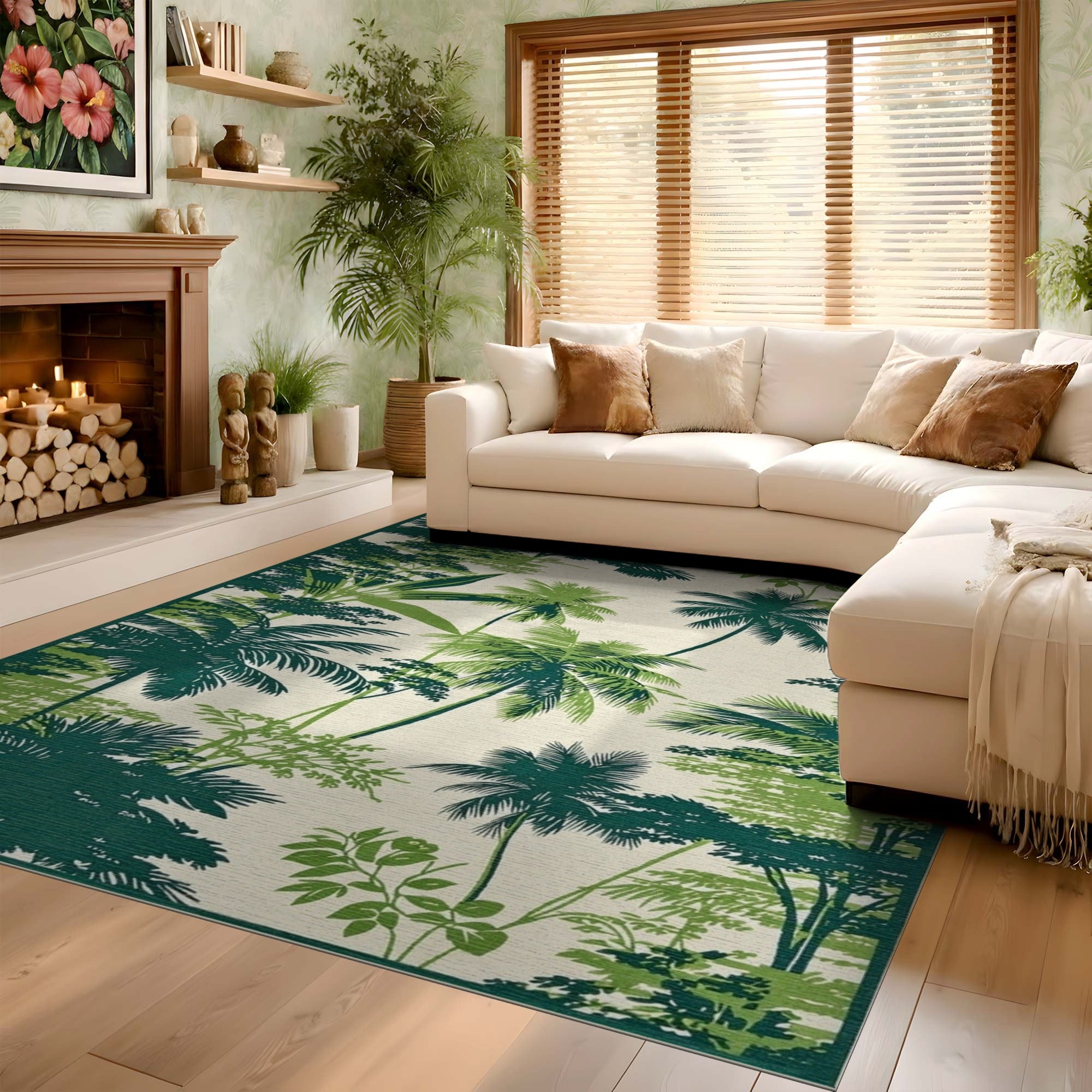ODIKA Tropical Green Palm Tree Washable Area Rug - Low Pile Vintage Botanical