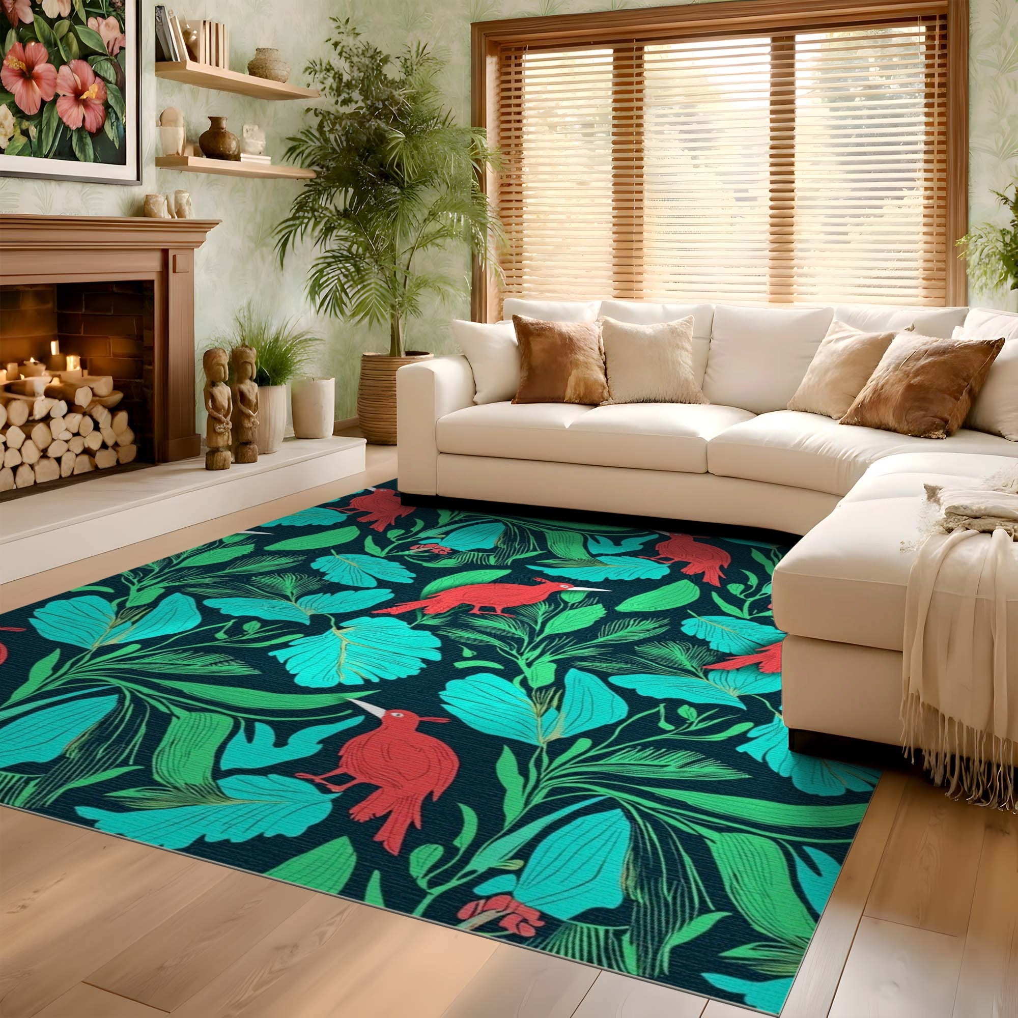 ODIKA Tropical Red Bird & Teal Leaf Washable Low Pile Area Rug