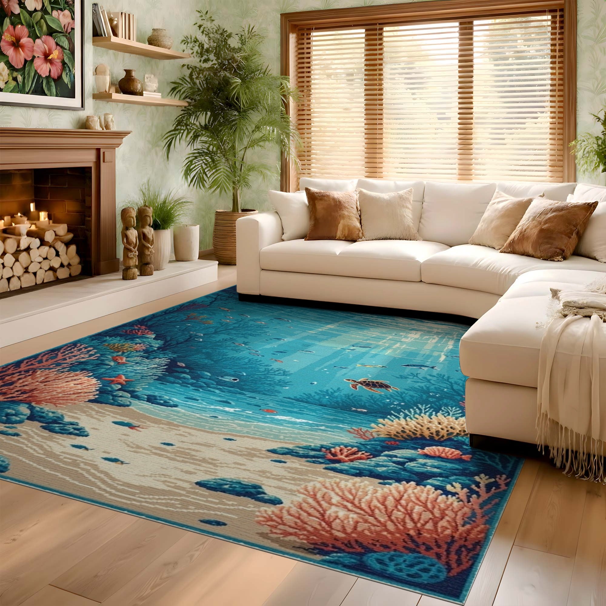 ODIKA Under the Sea Coral Reef Washable Rug - Non-Slip Low Pile Ocean Nautical Area Rug for Kids & Living Room