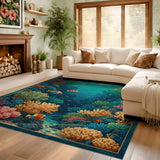 ODIKA Colorful Ocean Coral Reef Washable Area Rug, Low Pile Non-Slip Sea Life Carpet for Kids Room & Playroom