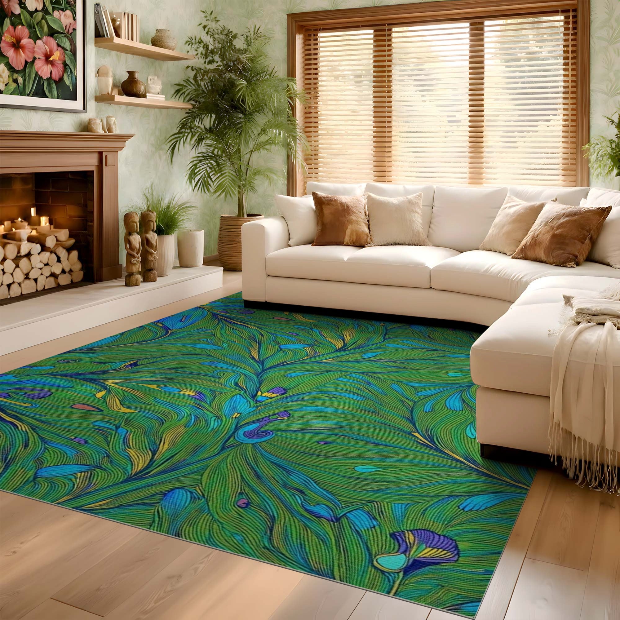 ODIKA Washable Teal Botanical Abstract Area Rug - Low Pile, Non-Slip, Pet & Kid Friendly
