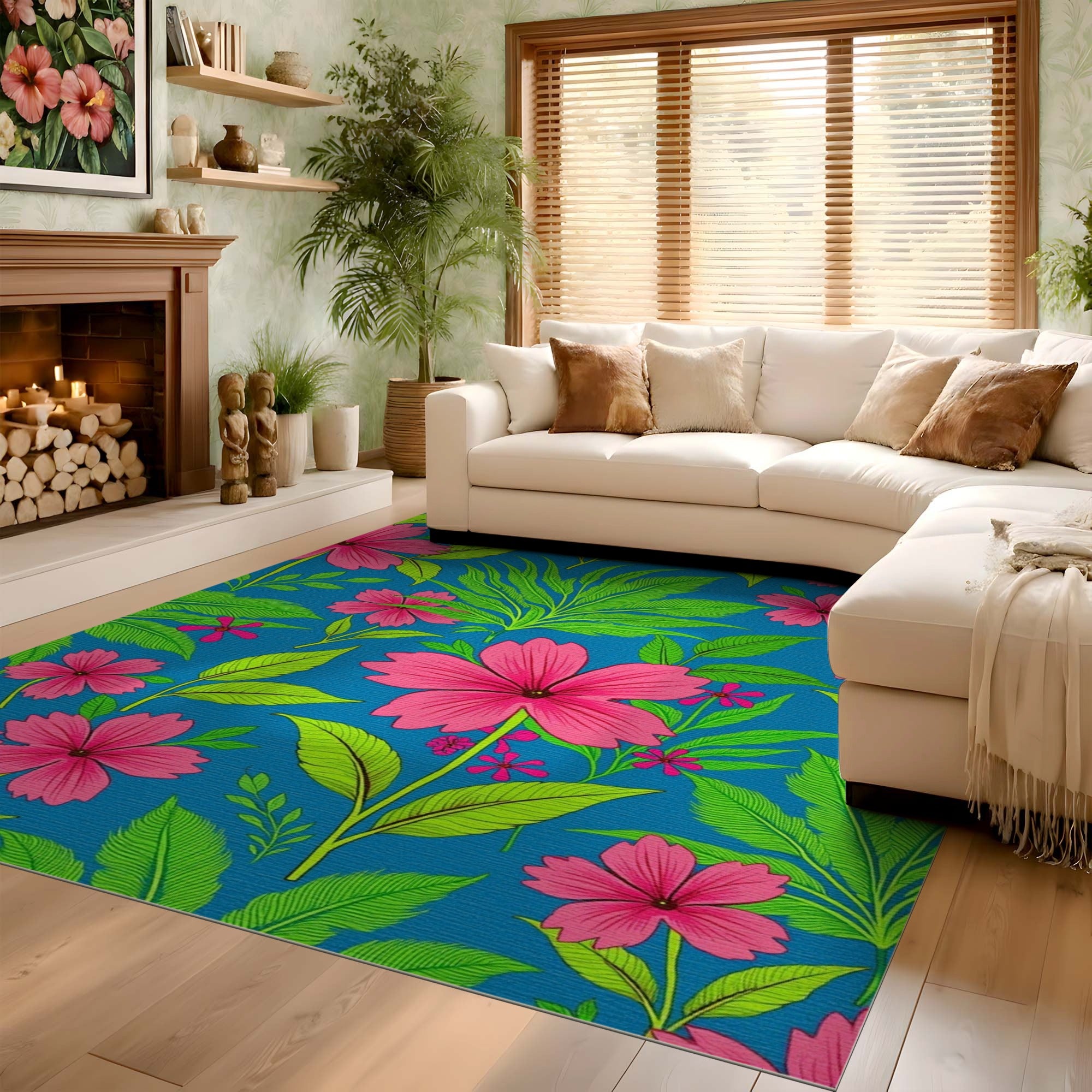 Vibrant Tropical Pink Floral Washable Area Rug - Low Pile & Non-Slip