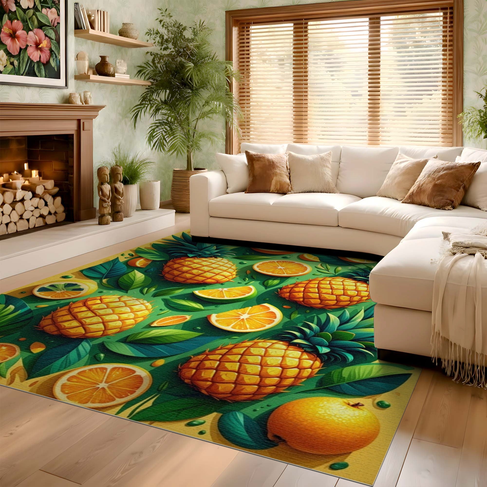 ODIKA Tropical Pineapple and Citrus Fruit Washable Area Rug - Low Pile Non-Slip Floor Mat