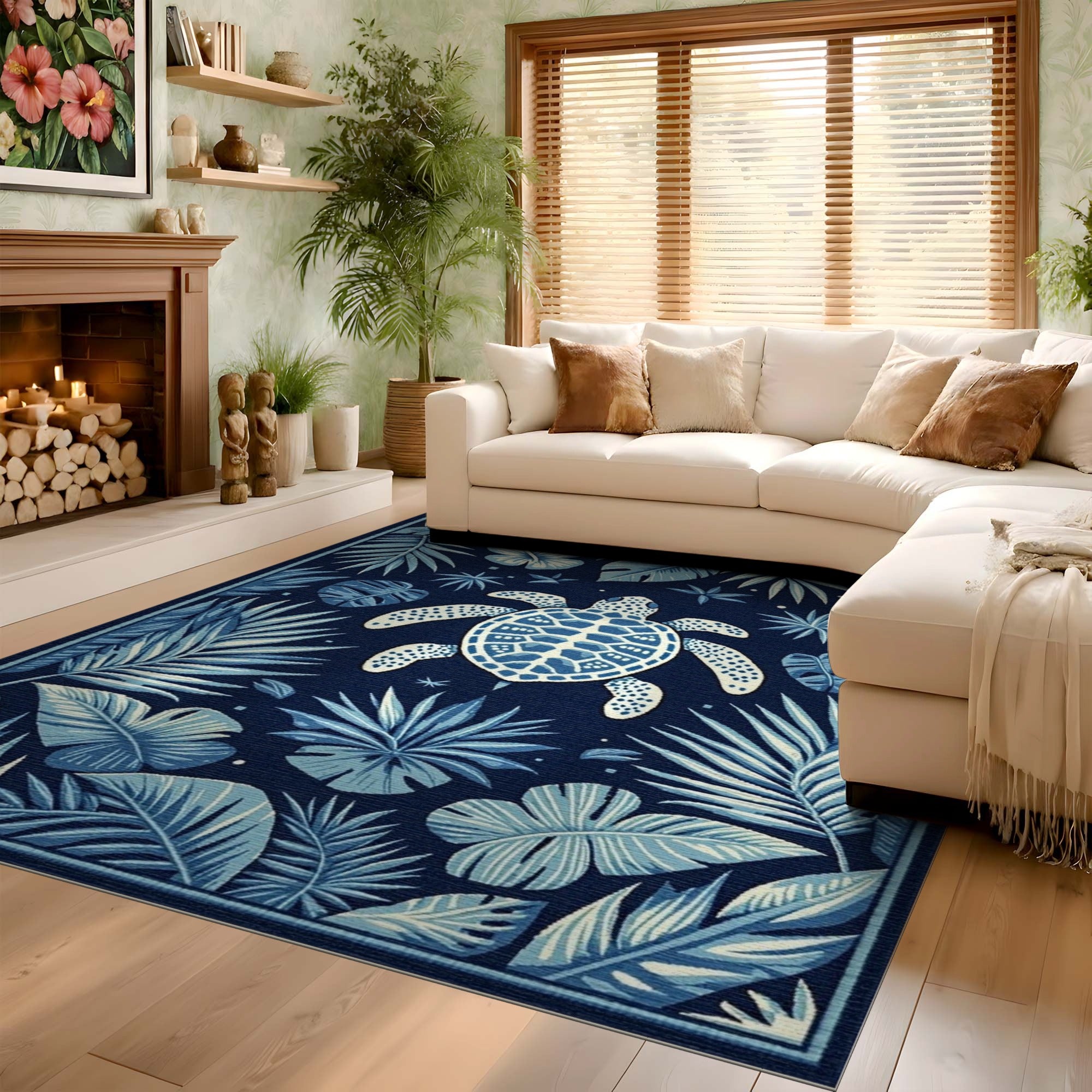 ODIKA Washable Sea Turtle Blue Tropical Area Rug - Non-Slip Low Pile Coastal Decor