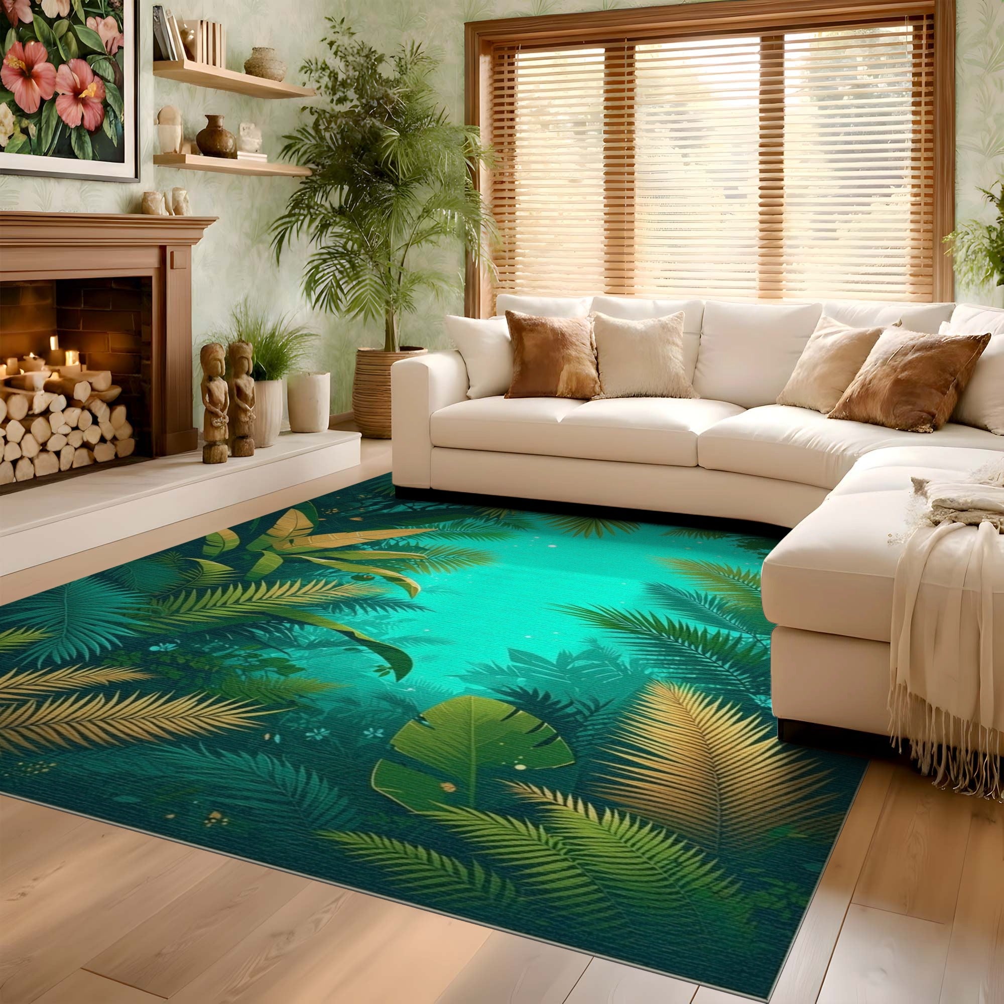 ODIKA Tropical Palm Leaf Washable Area Rug - Low Pile & Non-Slip Jungle Botanical Rug