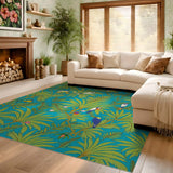 ODIKA Tropical Bird Botanical Washable Rug - Teal & Green Low Pile Area Rug