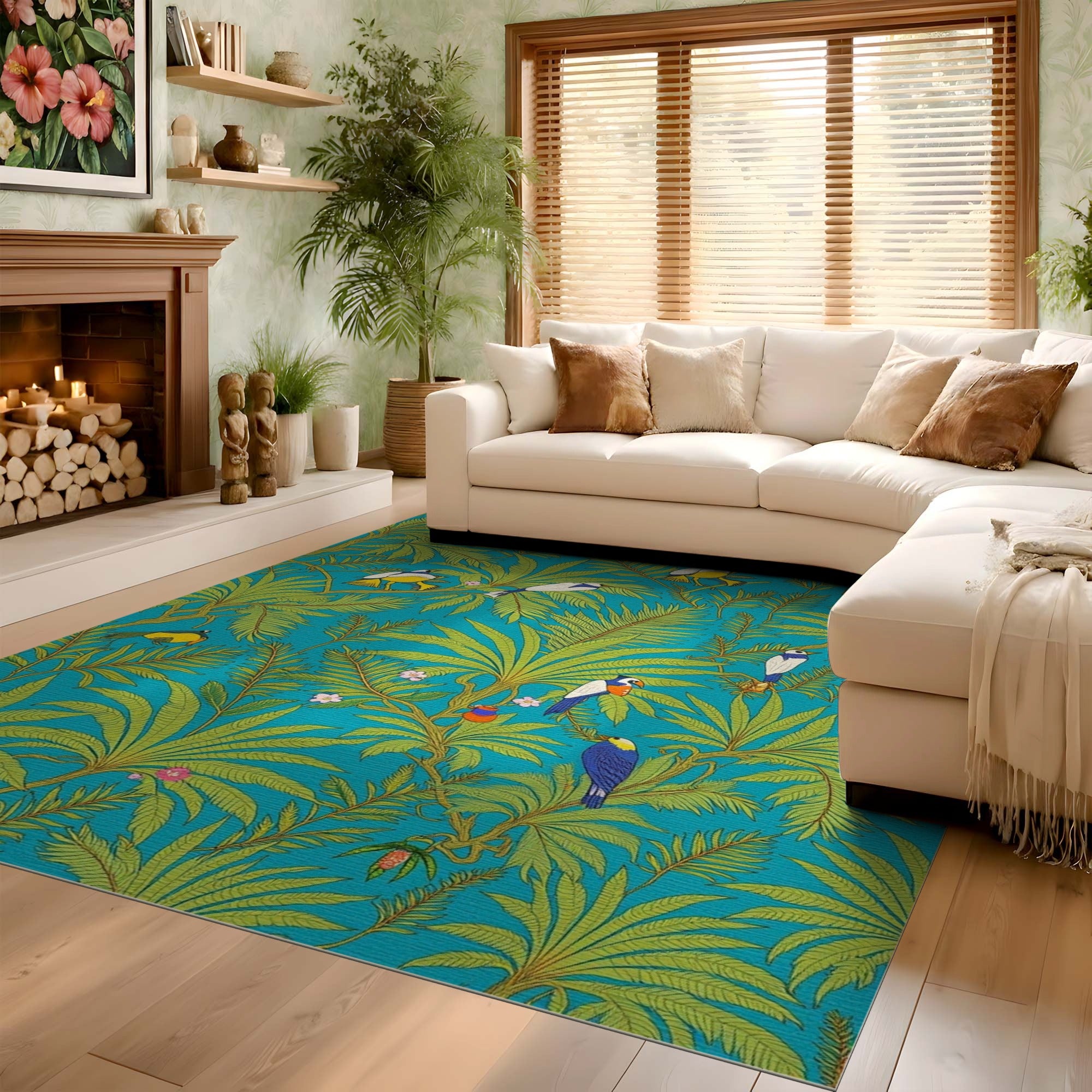 ODIKA Tropical Bird Botanical Washable Rug - Teal & Green Low Pile Area Rug