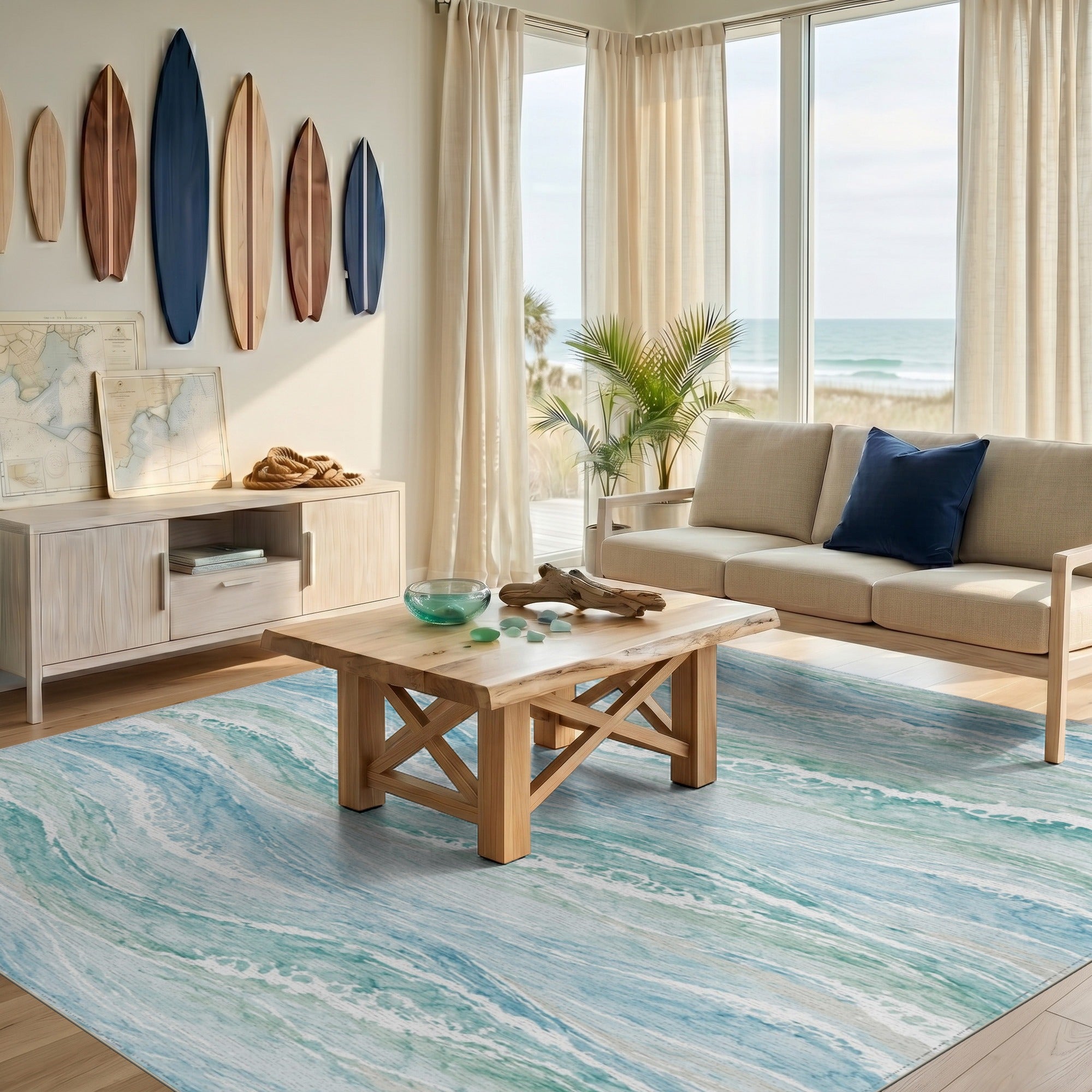 Blue Ocean Waves Coastal Area Rug