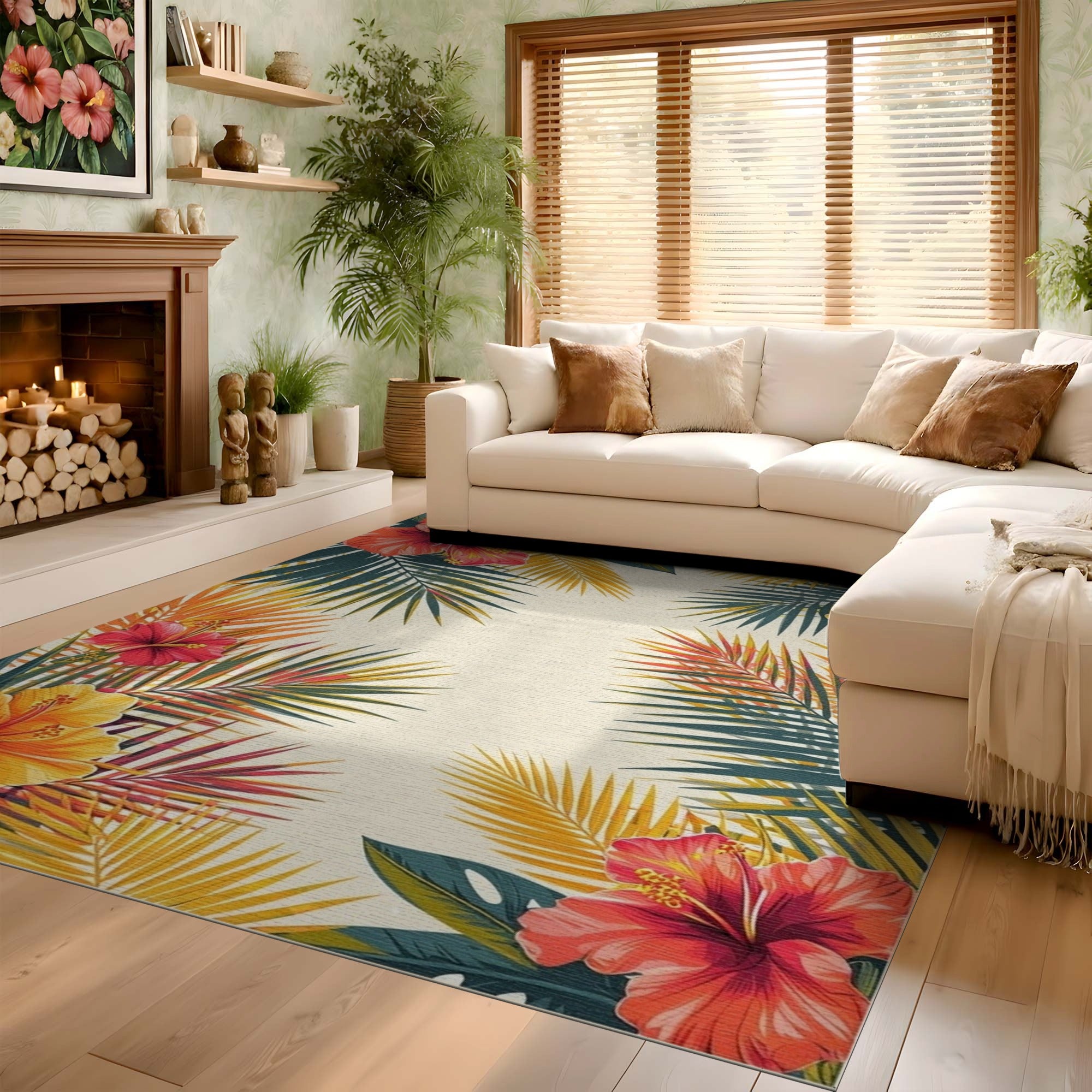 ODIKA Tropical Hibiscus Washable Rug - Low Pile Non-Slip Botanical Floral Area Rug