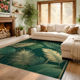ODIKA Emerald Green and Gold Tropical Leaf Washable Rug - Low Pile Non-Slip Art Deco Area Carpet