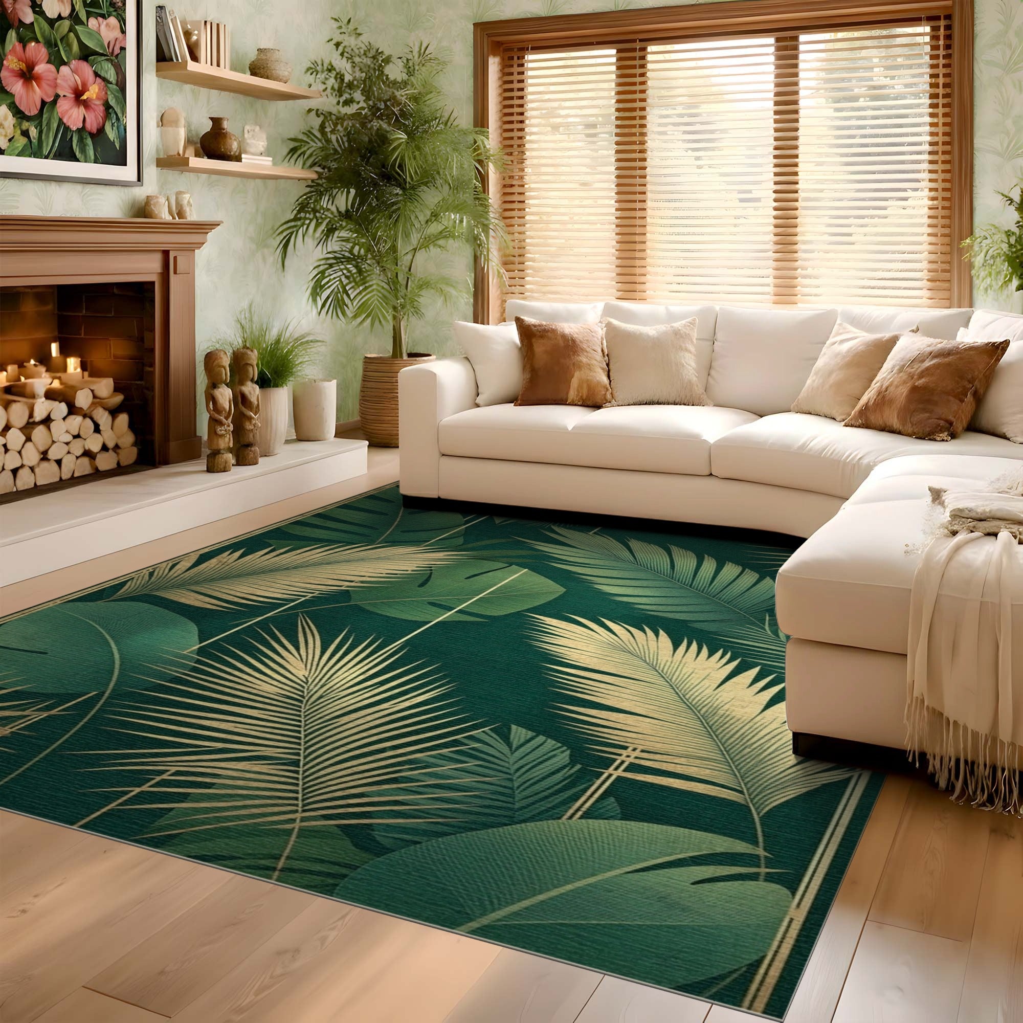 ODIKA Emerald Green and Gold Tropical Leaf Washable Rug - Low Pile Non-Slip Art Deco Area Carpet