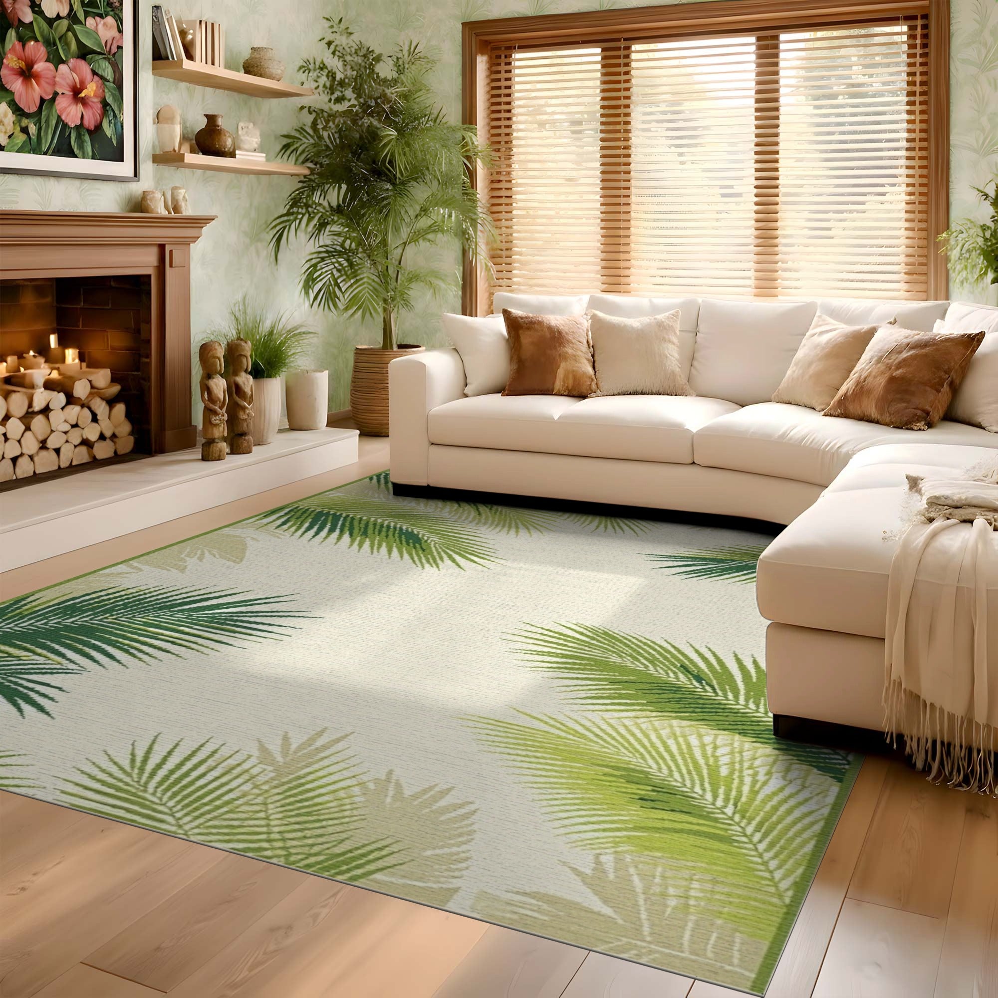 ODIKA Tropical Palm Leaf Washable Area Rug - Low Pile Non-Slip Botanical Carpet