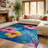 ODIKA Tropical Hibiscus Pink & Blue Floral Washable Low Pile Area Rug