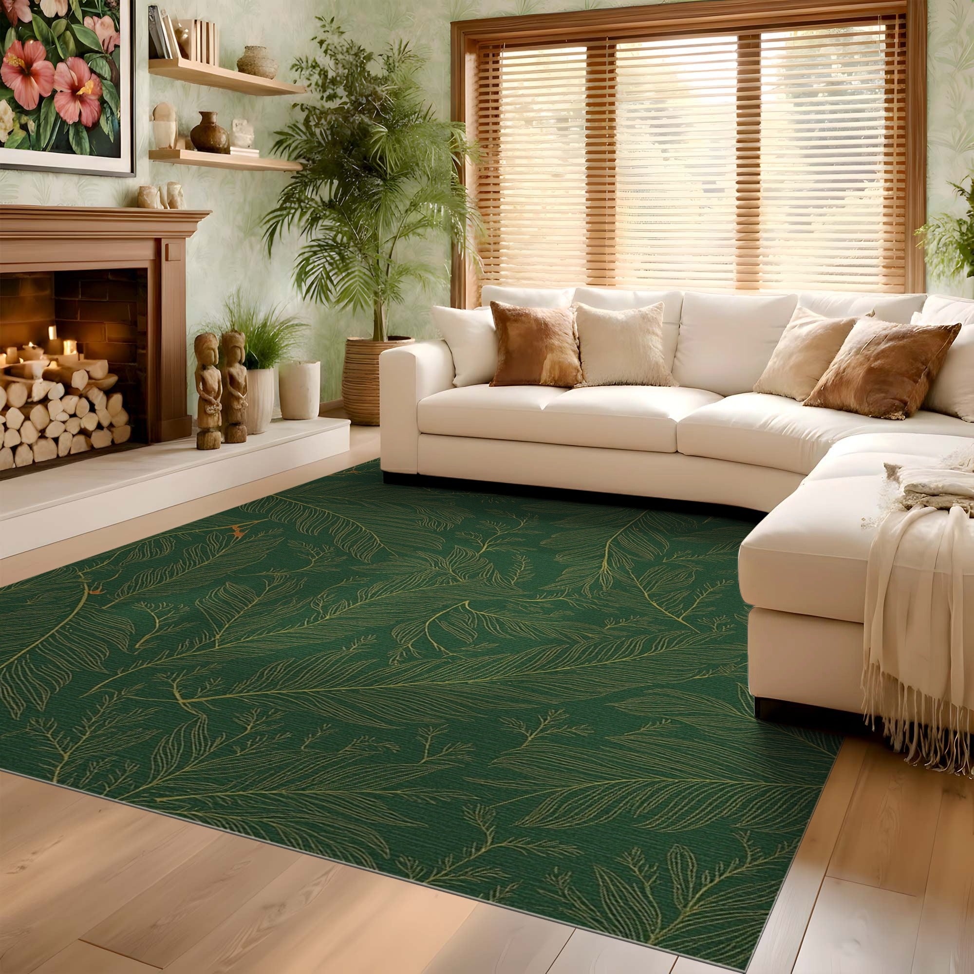 ODIKA Emerald Green & Gold Botanical Washable Rug - Low Pile Non-Slip Area Rug