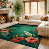 ODIKA Tropical Bird & Hibiscus Jungle Washable Area Rug - Low Pile Non-Slip