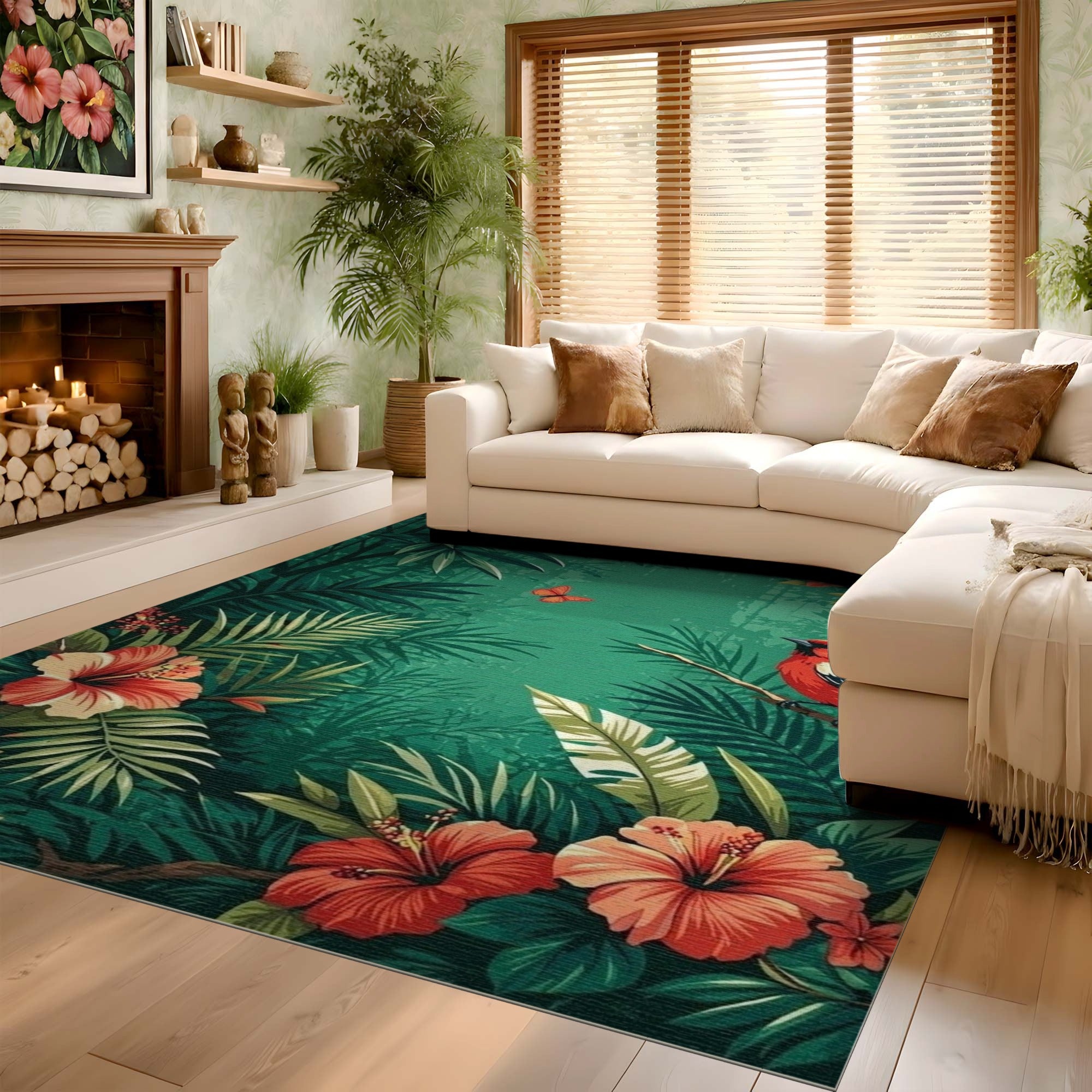 ODIKA Tropical Bird & Hibiscus Jungle Washable Area Rug - Low Pile Non-Slip