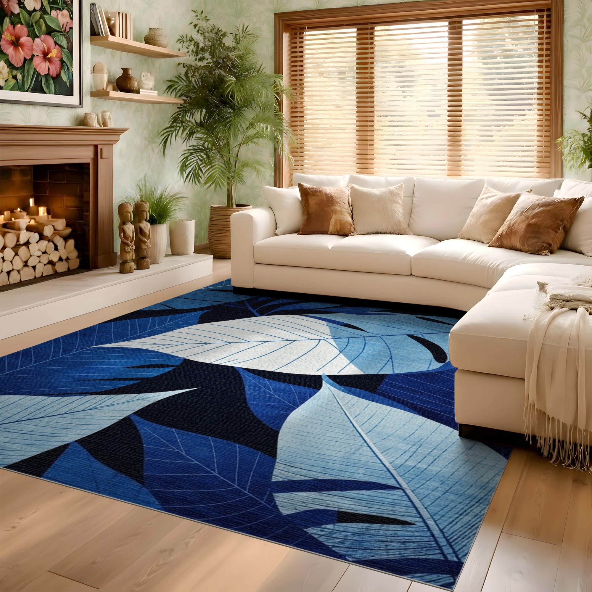 ODIKA Blue Tropical Monstera Leaf Washable Area Rug - Non-Slip Low Pile