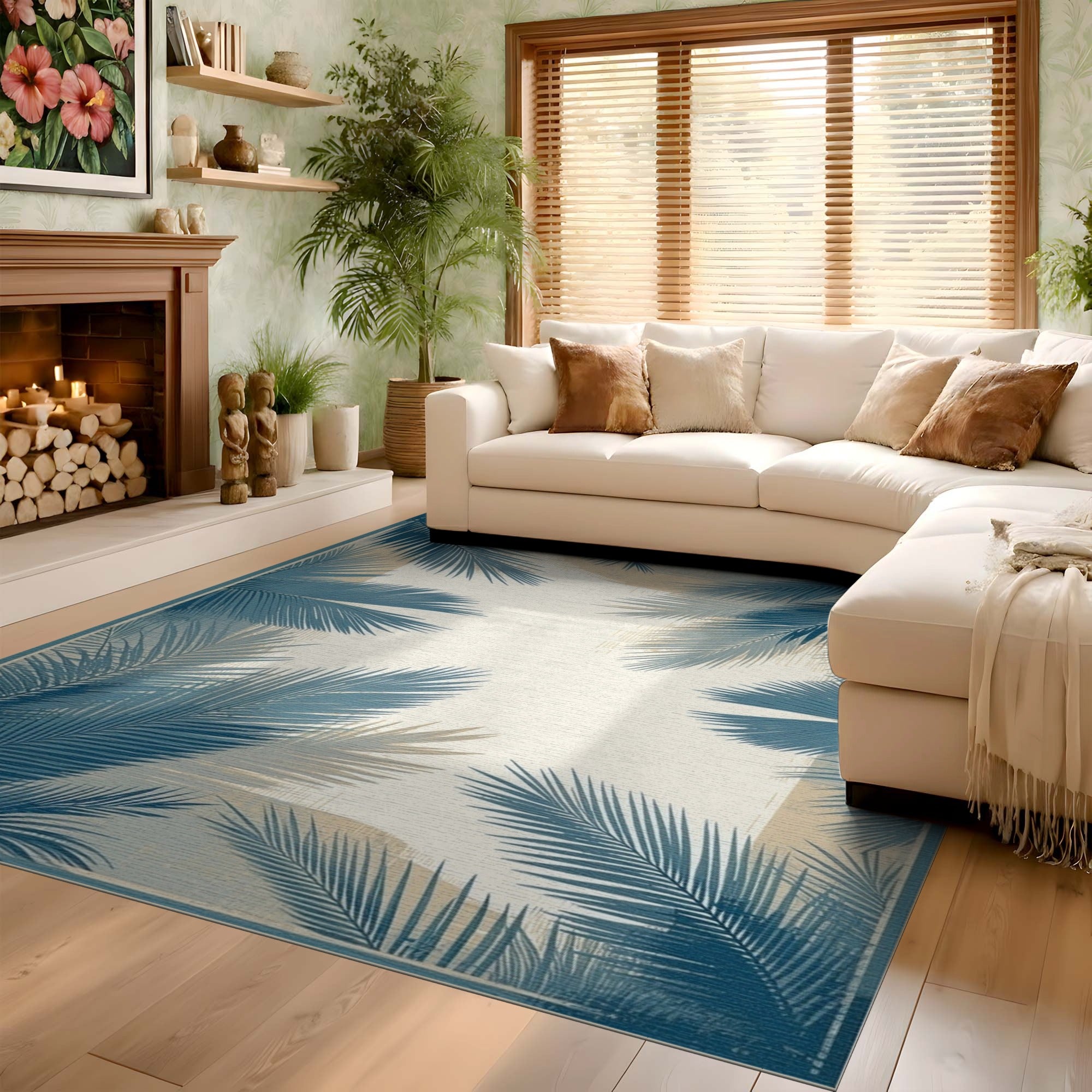 ODIKA Washable Vintage Tropical Palm Leaf Area Rug, Low Pile Non-Slip Coastal Rug