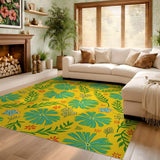 ODIKA Yellow Botanical Washable Area Rug - Low Pile Non-Slip Teal Floral Carpet