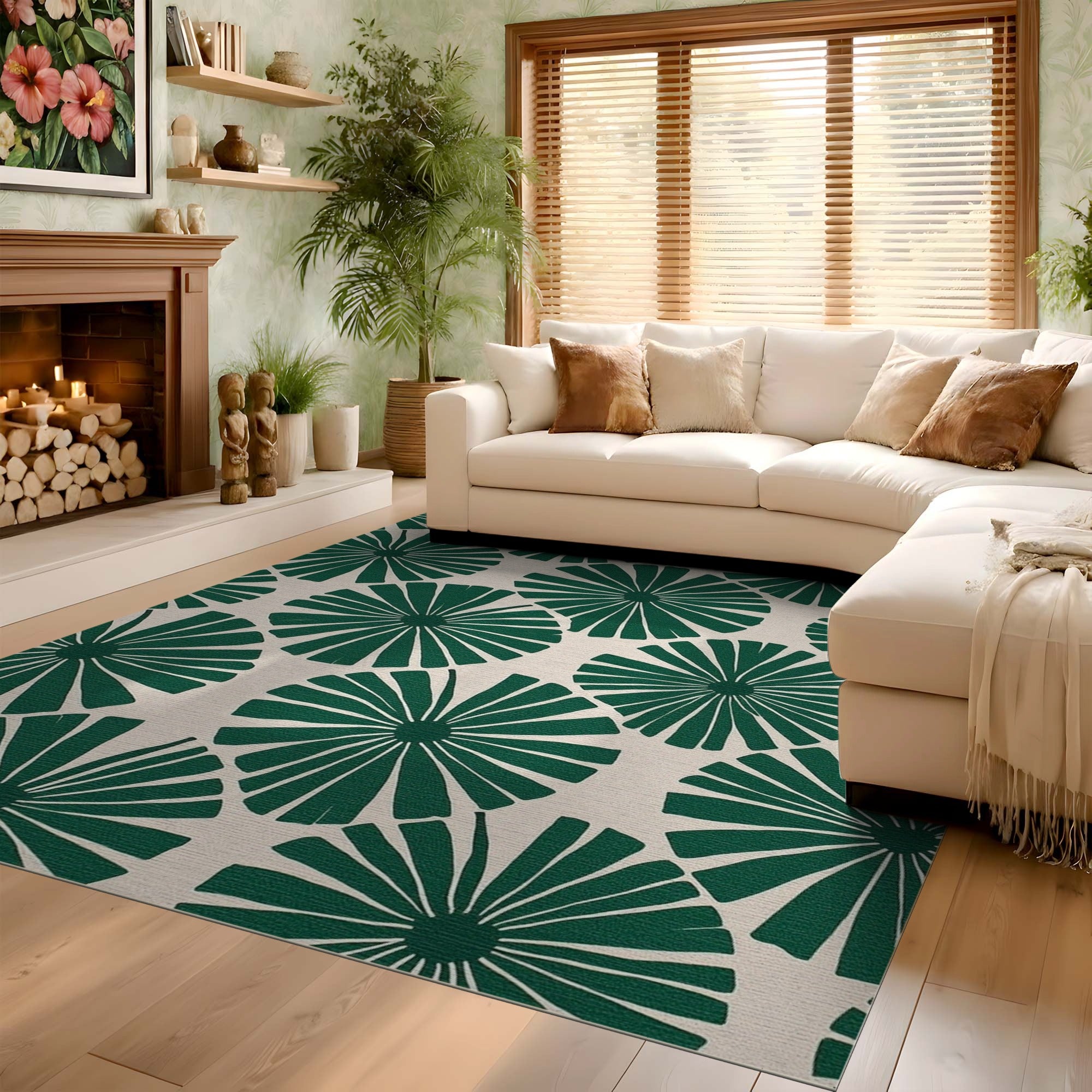 ODIKA Modern Emerald Green Floral Washable Area Rug, Low Pile & Non-Slip