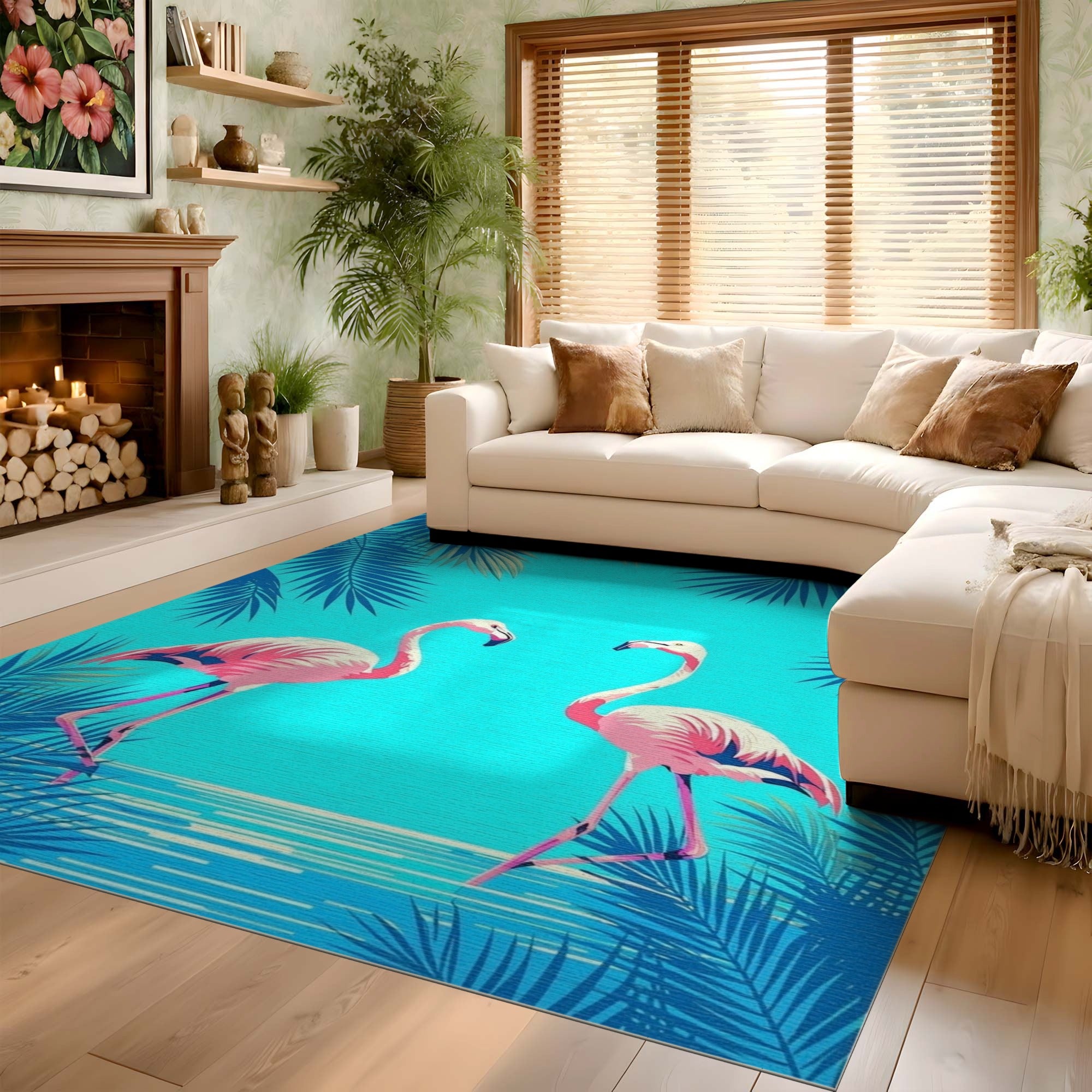 ODIKA Tropical Flamingo Washable Area Rug - Low Pile Non-Slip Teal Coastal Carpet