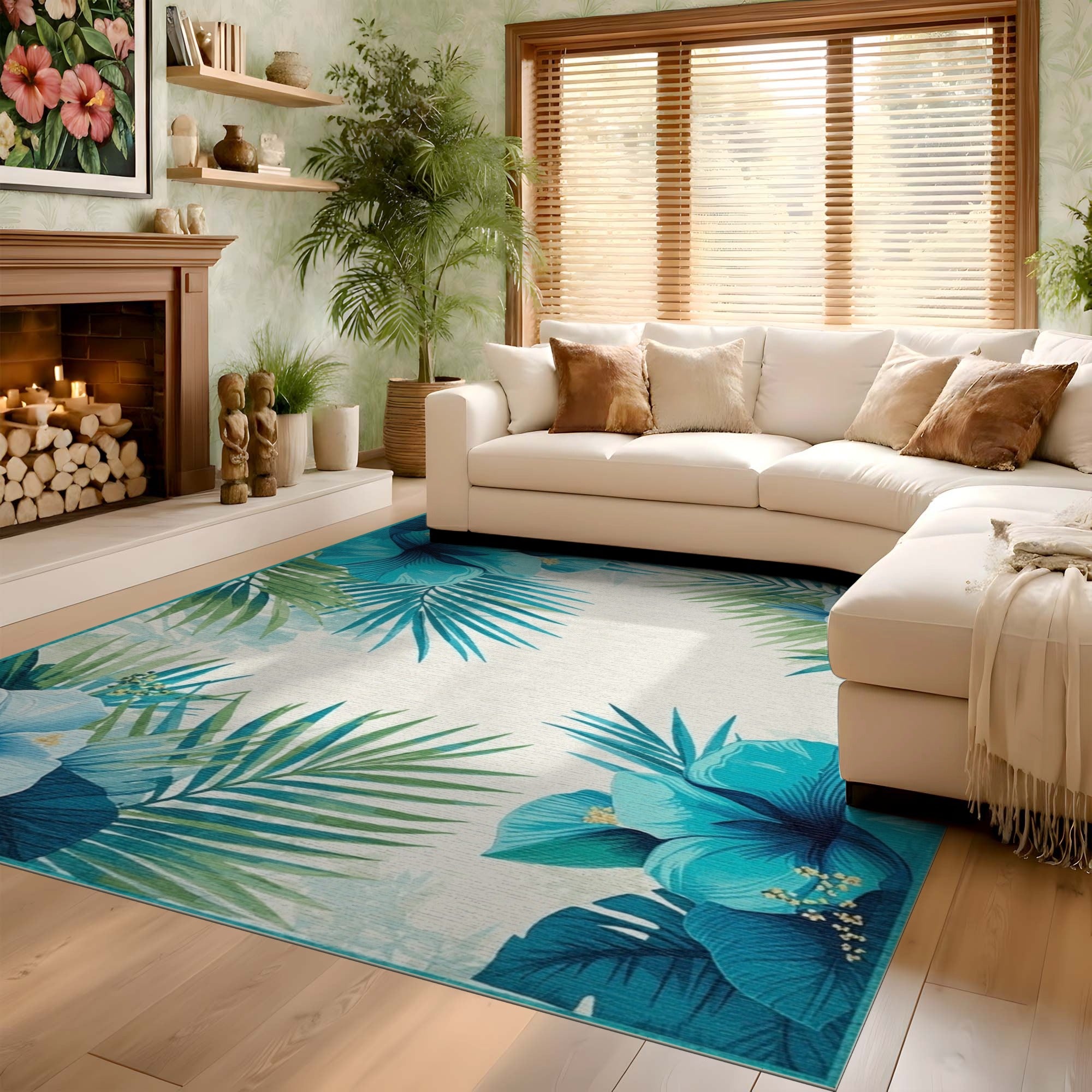 ODIKA Washable Teal Hibiscus Tropical Floral Area Rug, Non-Slip Low Pile Pet Friendly Rug