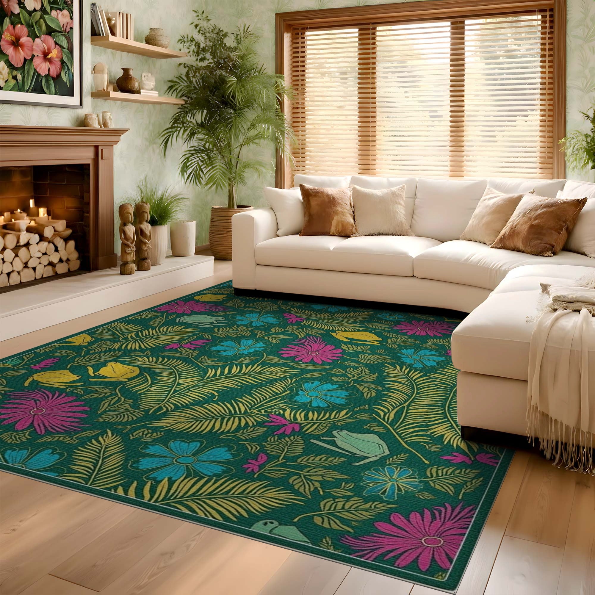 ODIKA Washable Tropical Jungle Fern and Frog Print Low Pile Area Rug