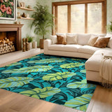 ODIKA Teal Tropical Banana Leaf Washable Rug, Low Pile Non-Slip Area Rug