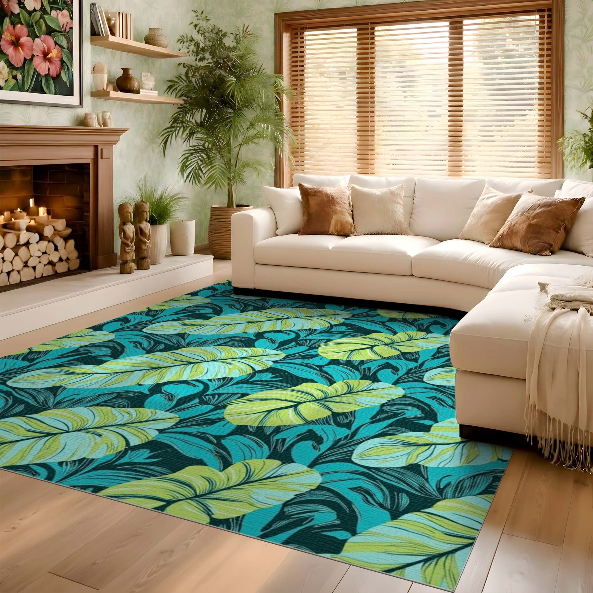 ODIKA Teal Tropical Banana Leaf Washable Rug, Low Pile Non-Slip Area Rug