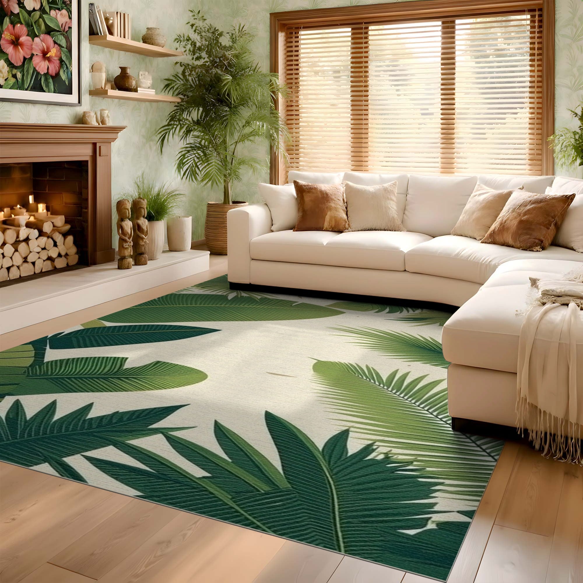 ODIKA Tropical Palm Leaf Washable Area Rug, Low Pile Non-Slip Botanical Green Rug for Living Room Bedroom