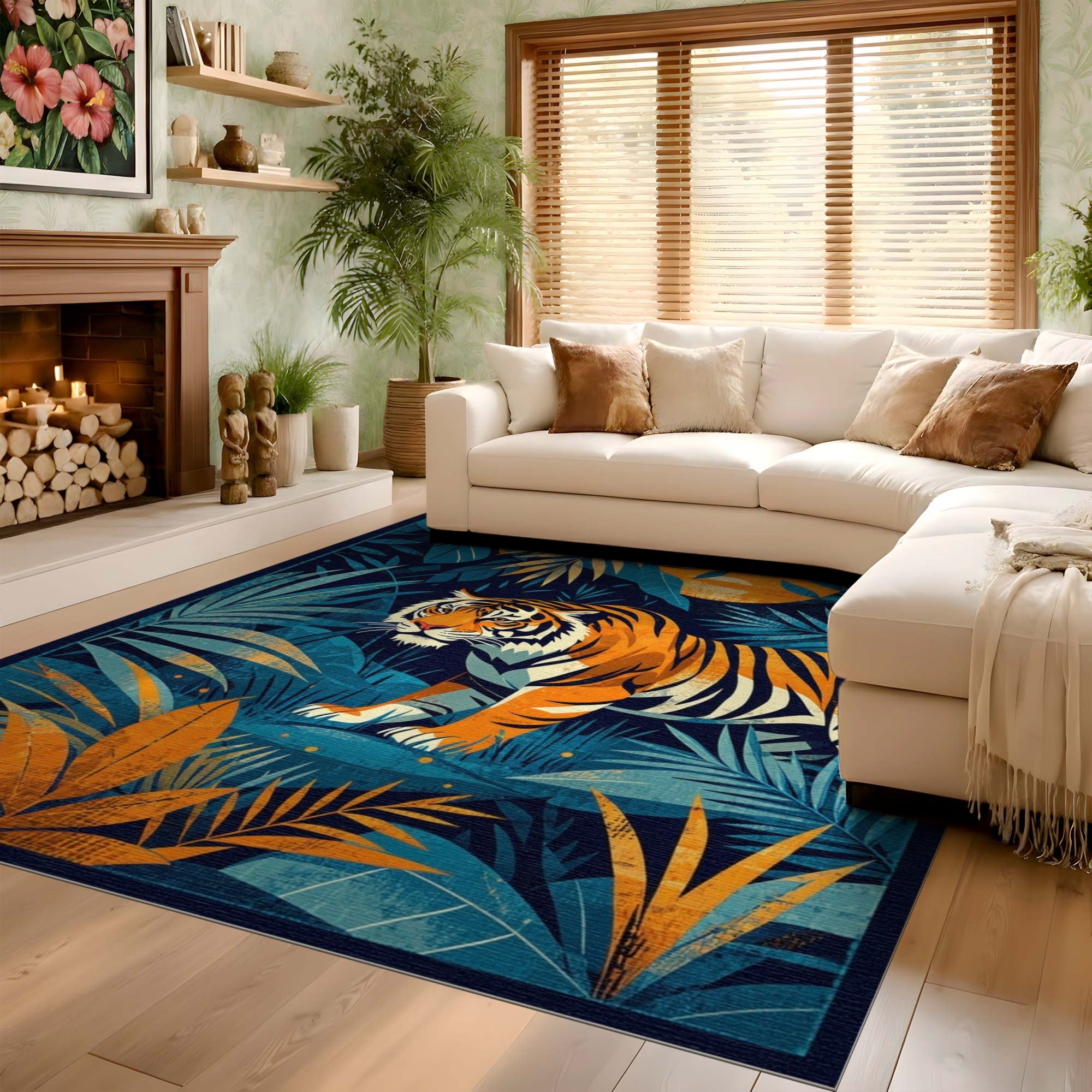 ODIKA Washable Tropical Tiger Jungle Area Rug - Non-Slip Low Pile Decor