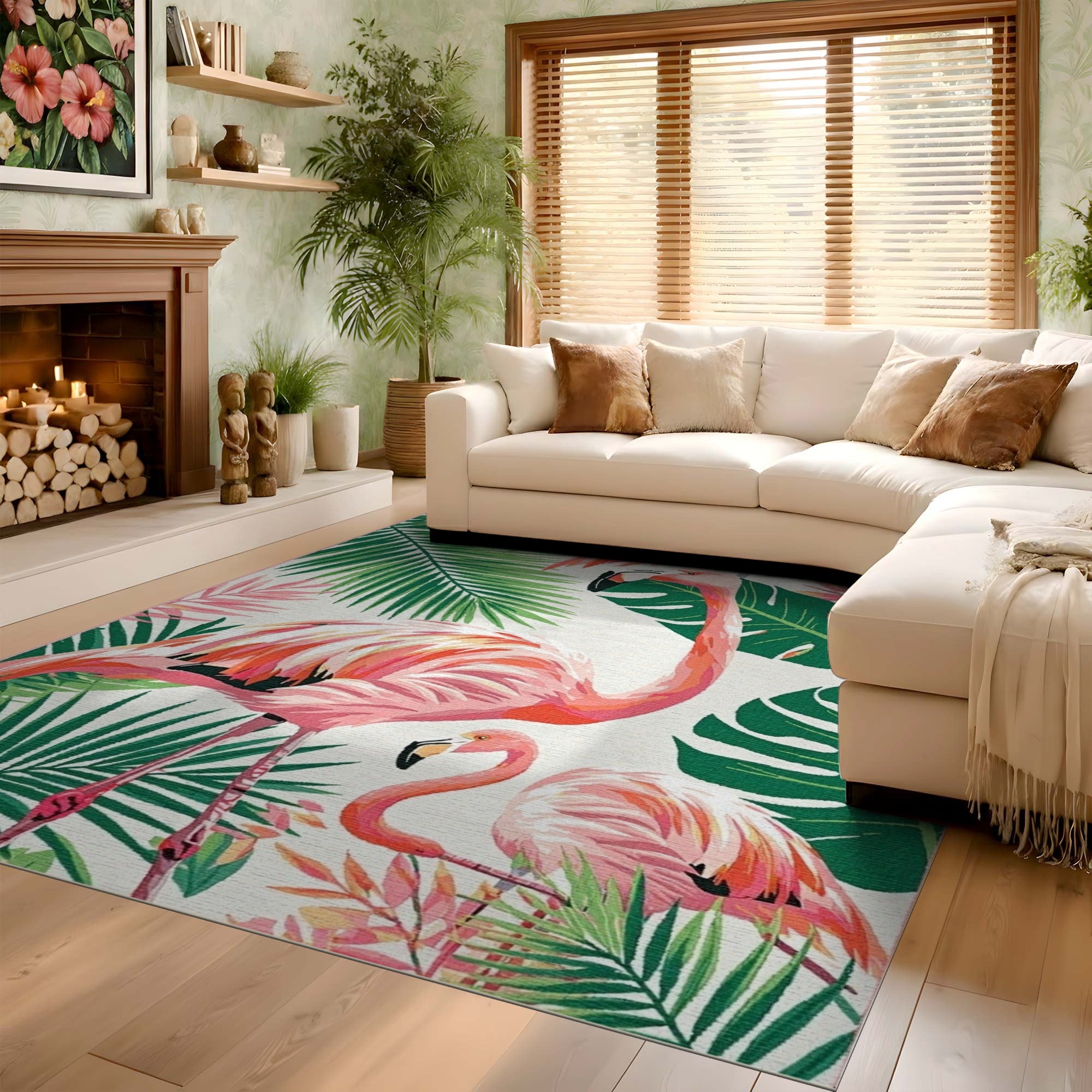 ODIKA Tropical Pink Flamingo Washable Rug - Non-Slip Low Pile Area Rug